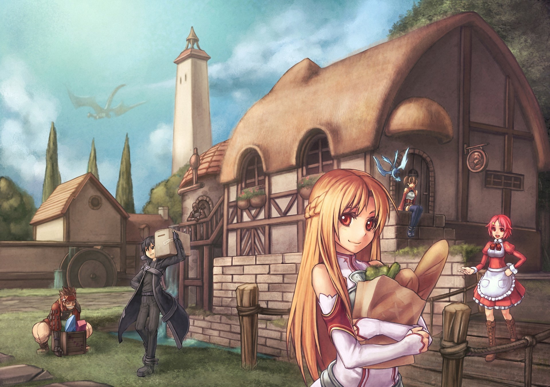 Asuna and Kirito from Sword Art Online in a village HD Wallpaper