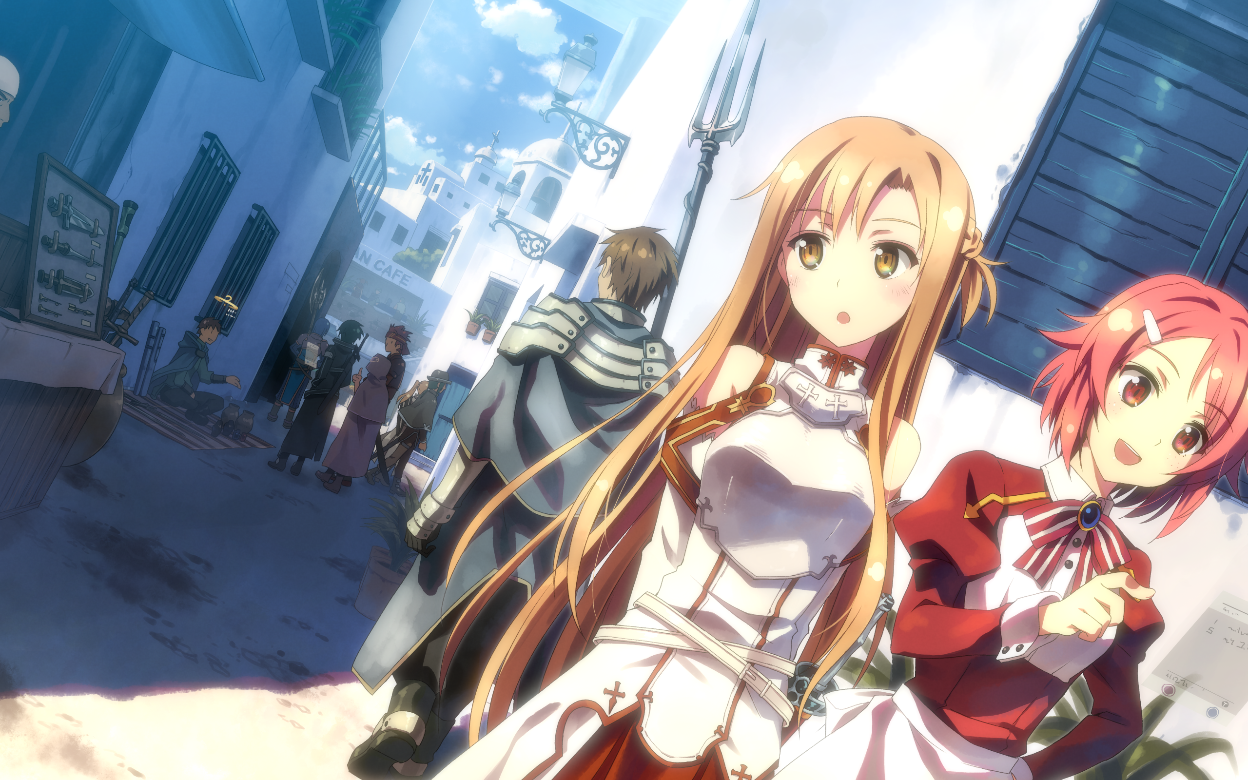 Asuna and Lisbeth from Sword Art Online in a town square HD Wallpaper