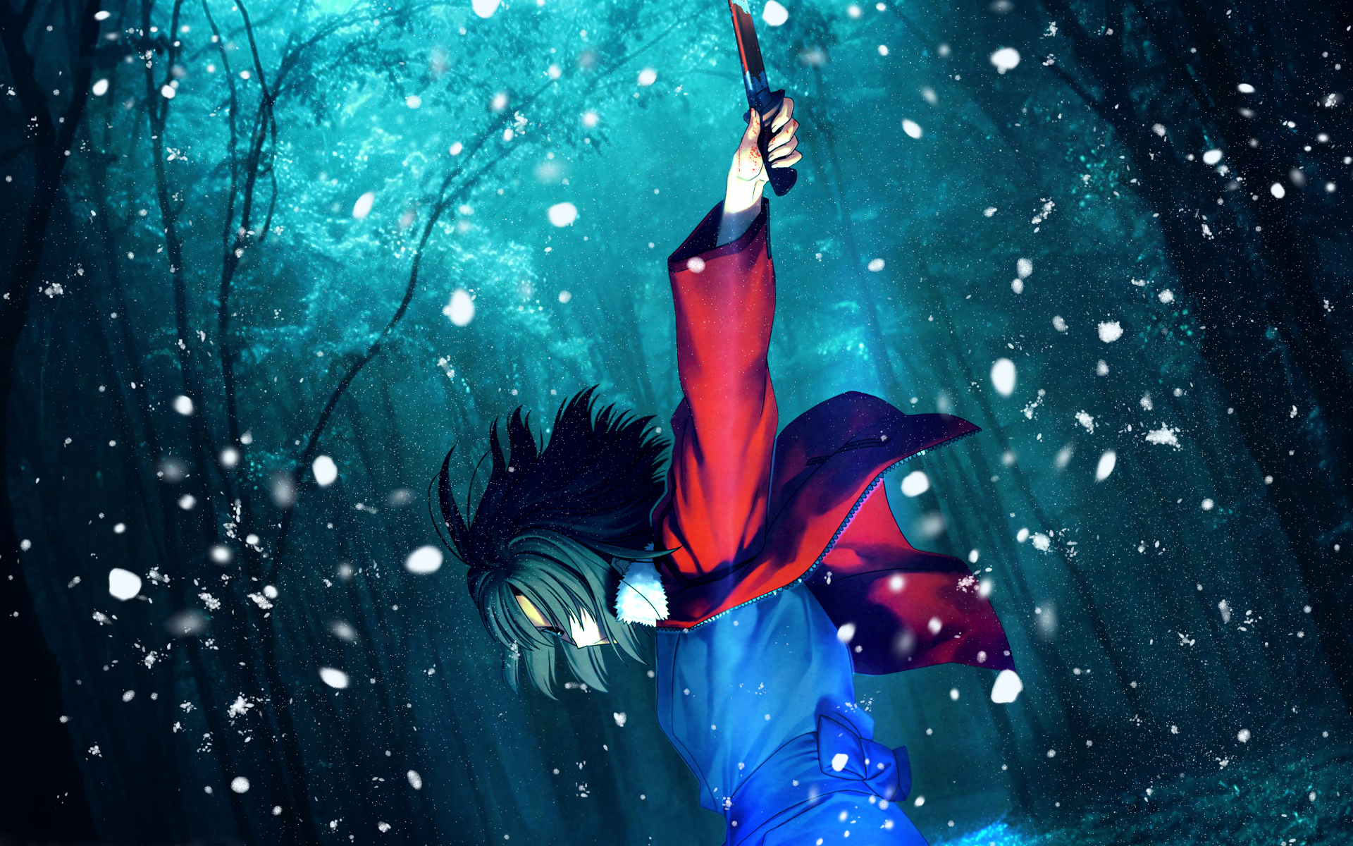 Shiki Ryougi with knife in snowy forest HD Wallpaper