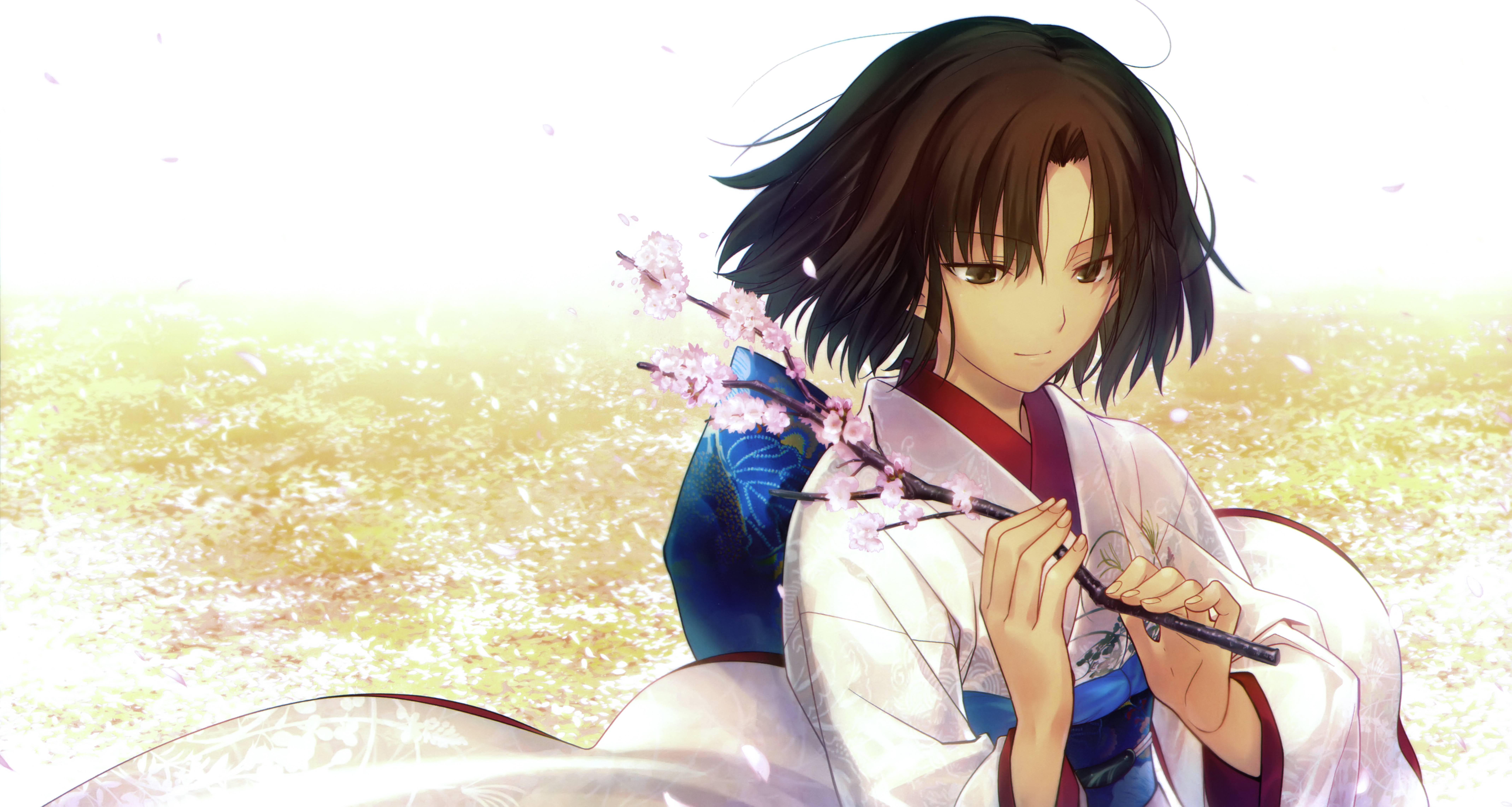 Shiki Ryougi with cherry blossoms HD Wallpaper