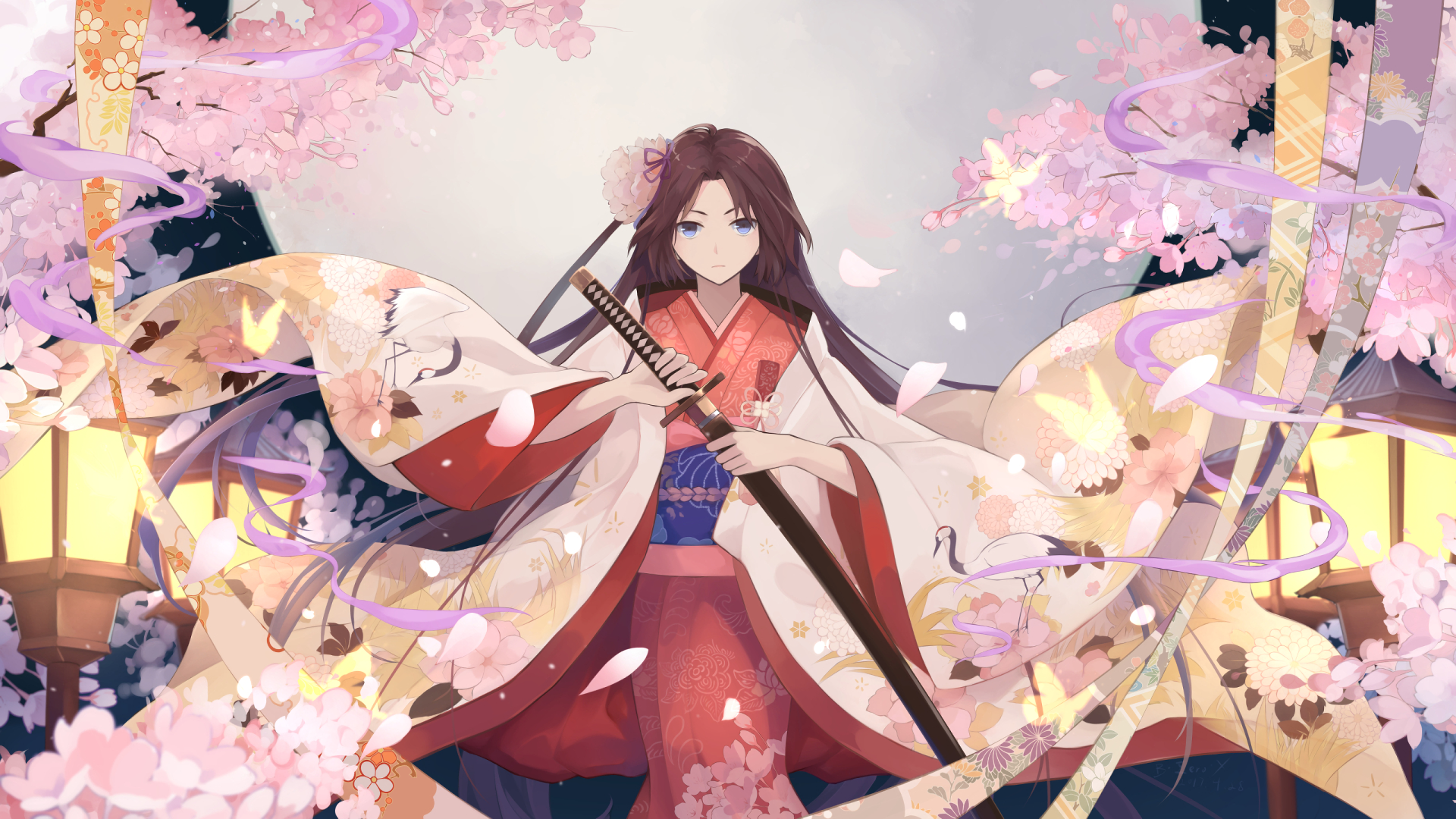 Shiki Ryougi with a katana and cherry blossoms HD Wallpaper
