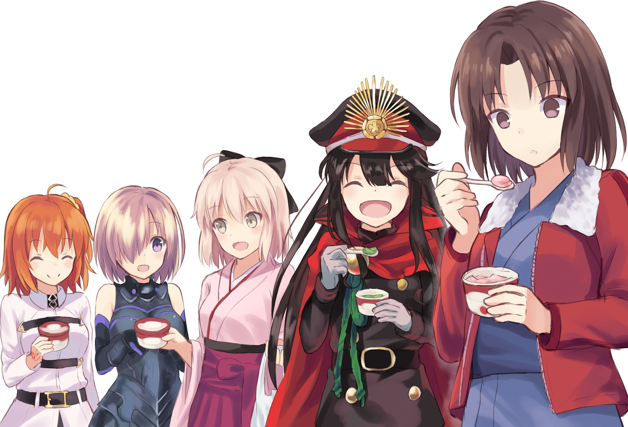 Five anime girls eating dessert HD Wallpaper