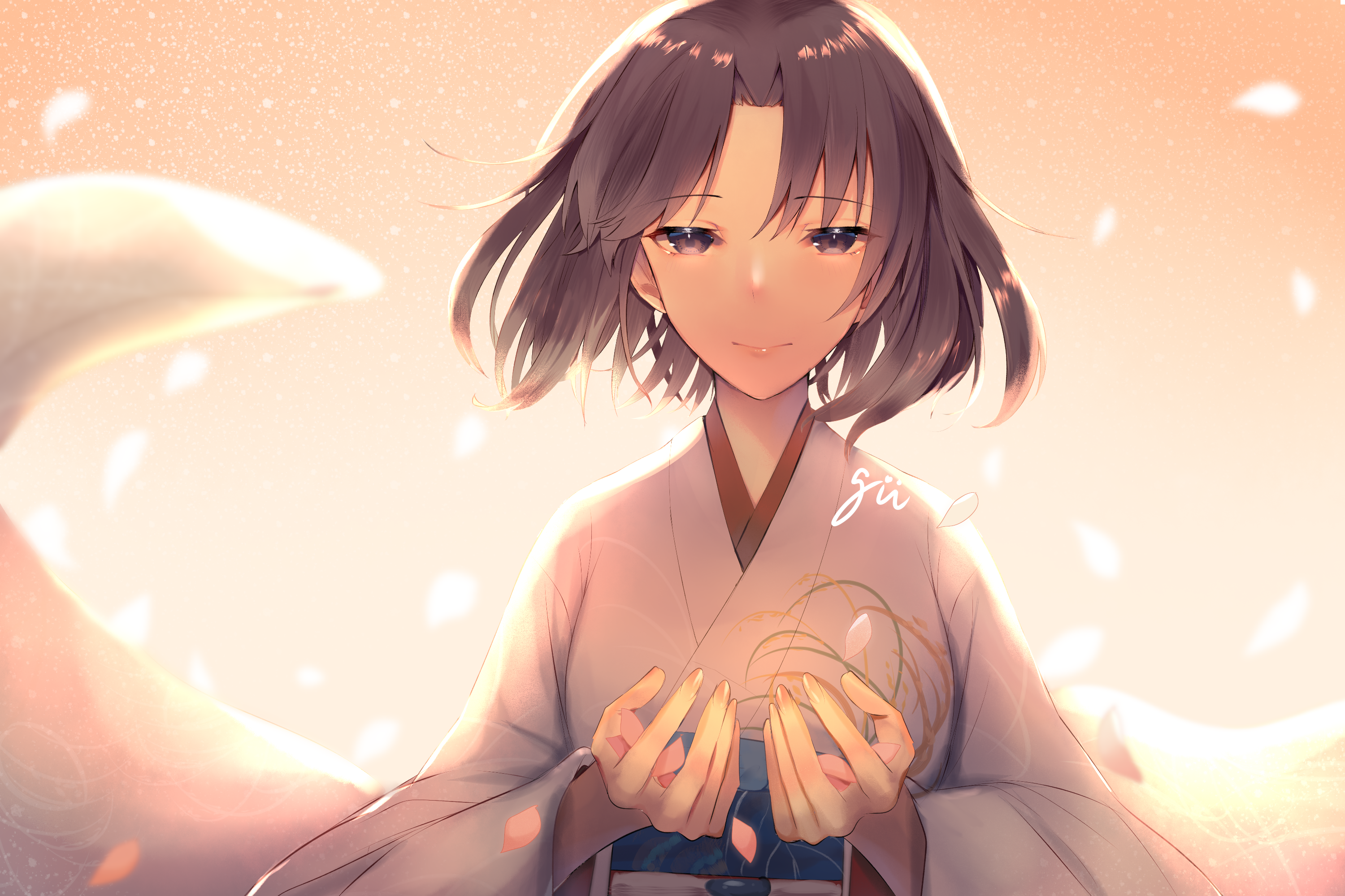 Shiki Ryougi in Kimono with Petals HD Wallpaper