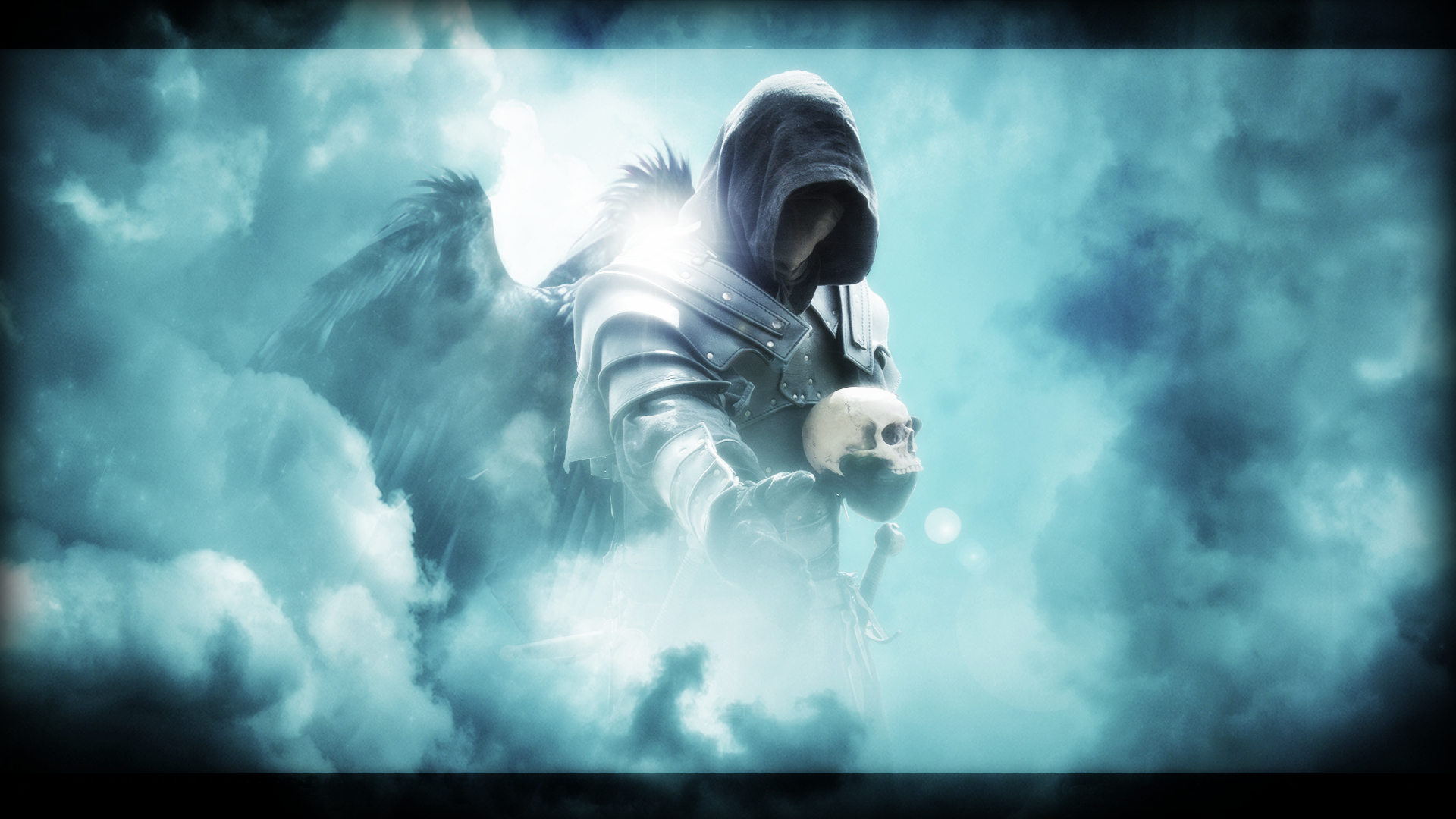 Hooded figure in armor holding a skull HD Wallpaper
