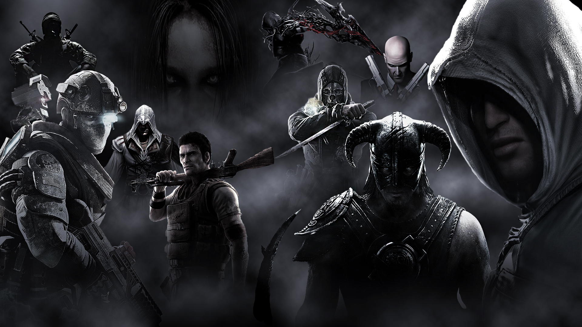 Collage of video game characters including Ezio Auditore HD Wallpaper