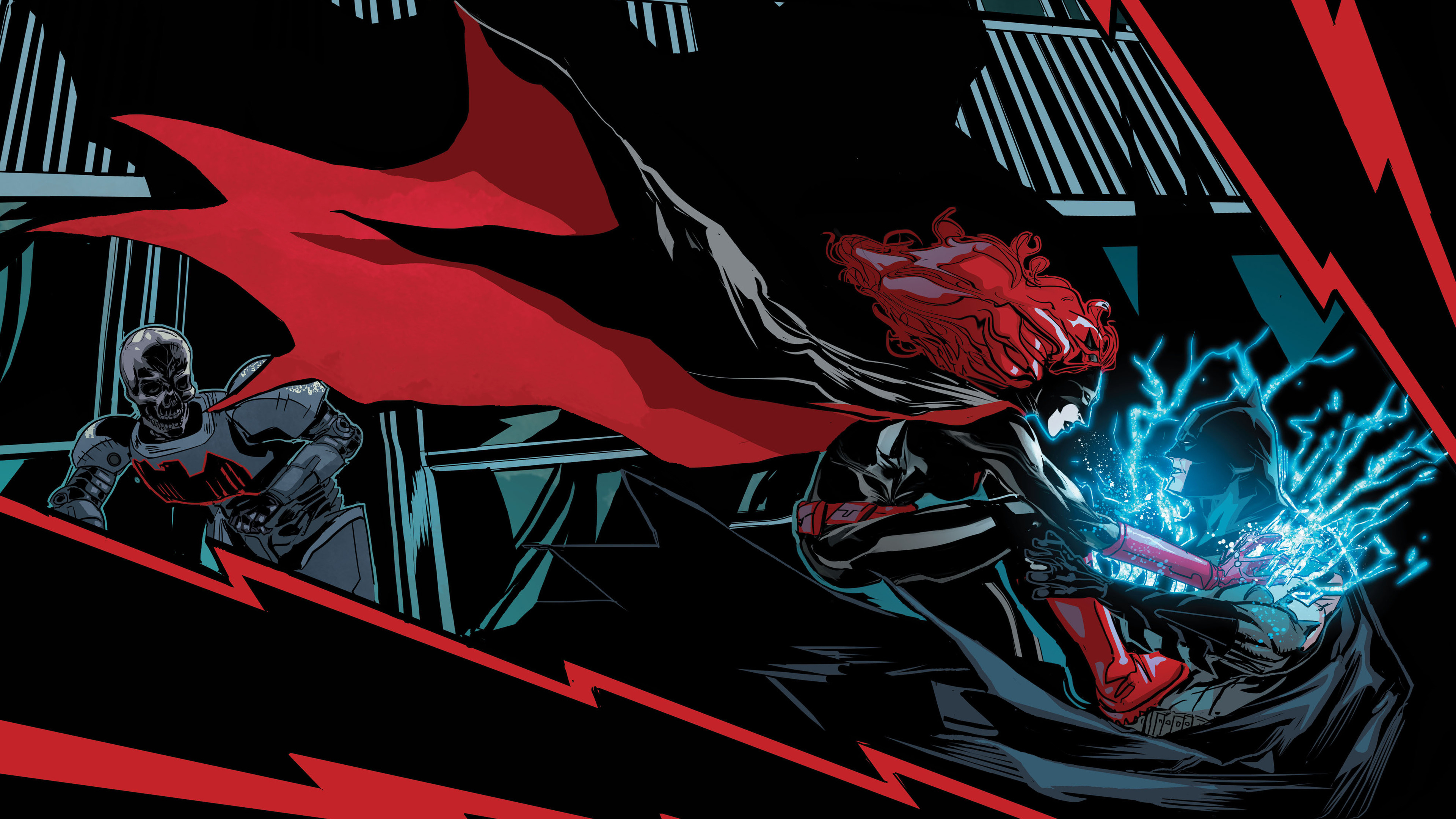 Batwoman fighting Batman with a skull-faced soldier watching HD Wallpaper