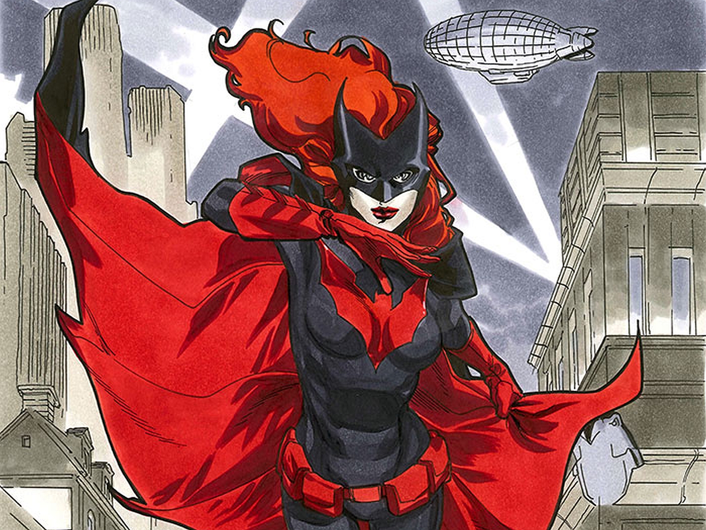 Batwoman in a city with a blimp HD Wallpaper