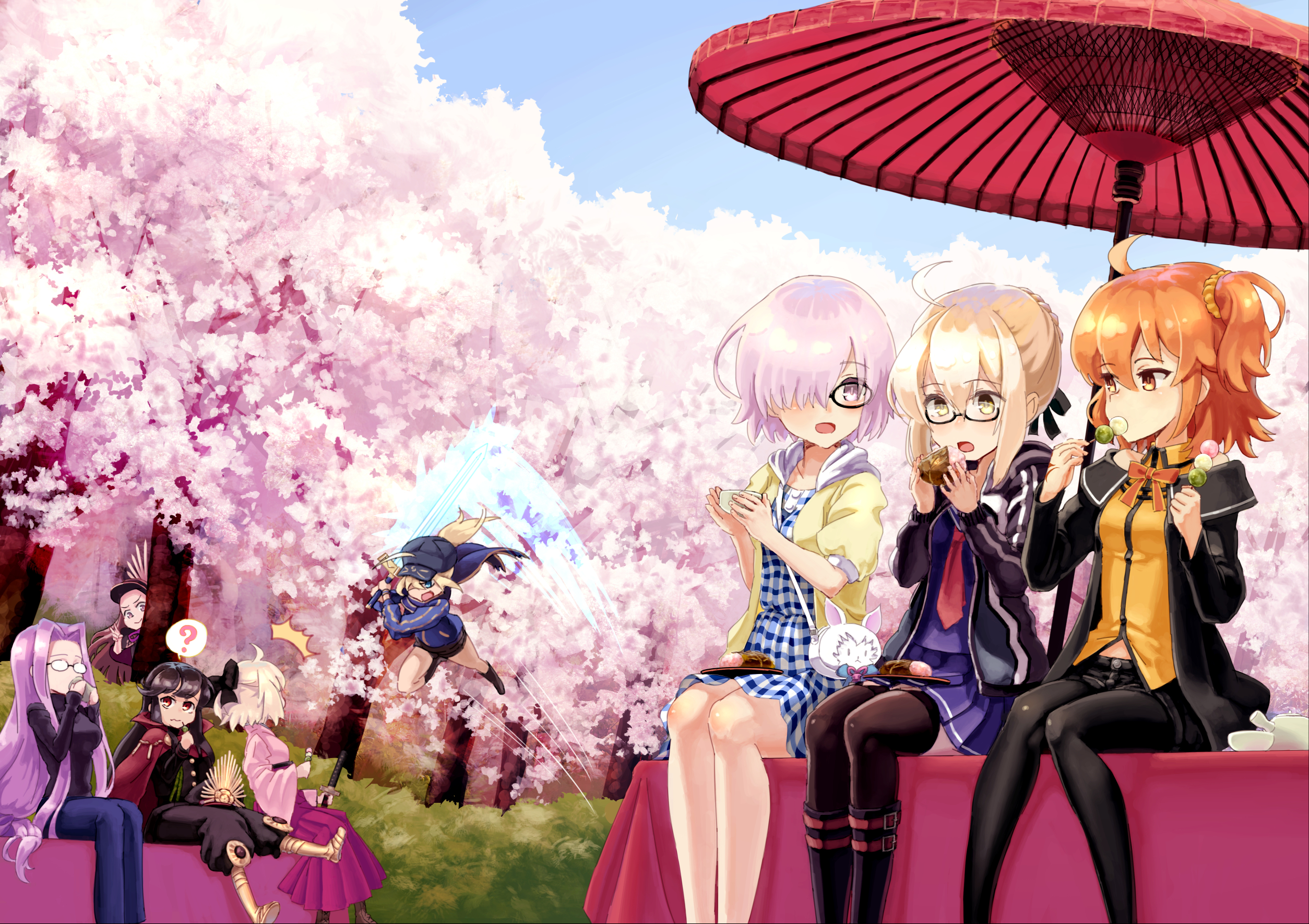 Anime girls having a picnic under cherry blossoms HD Wallpaper