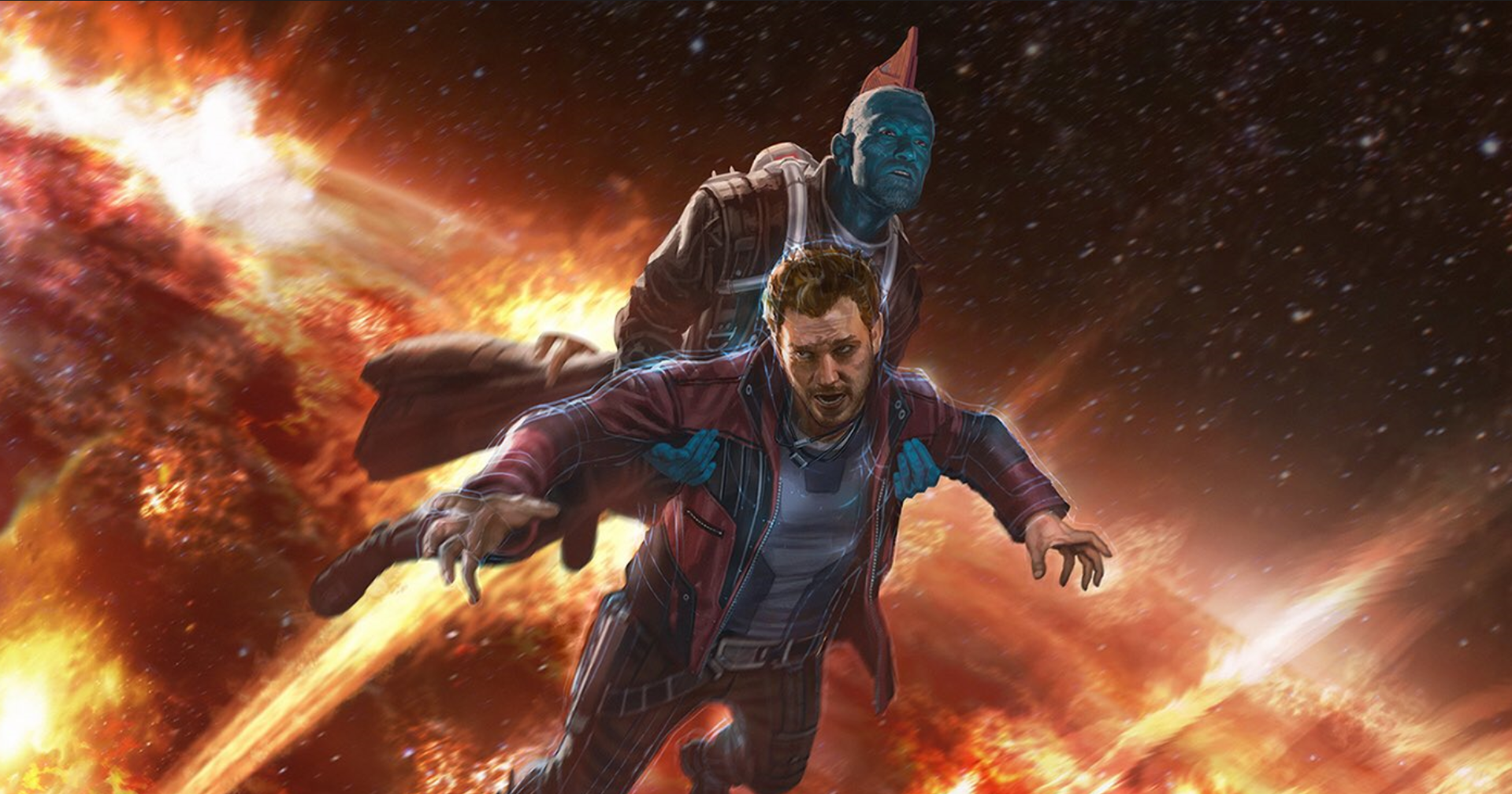 Yondu Udonta carrying Star-Lord through an explosion HD Wallpaper