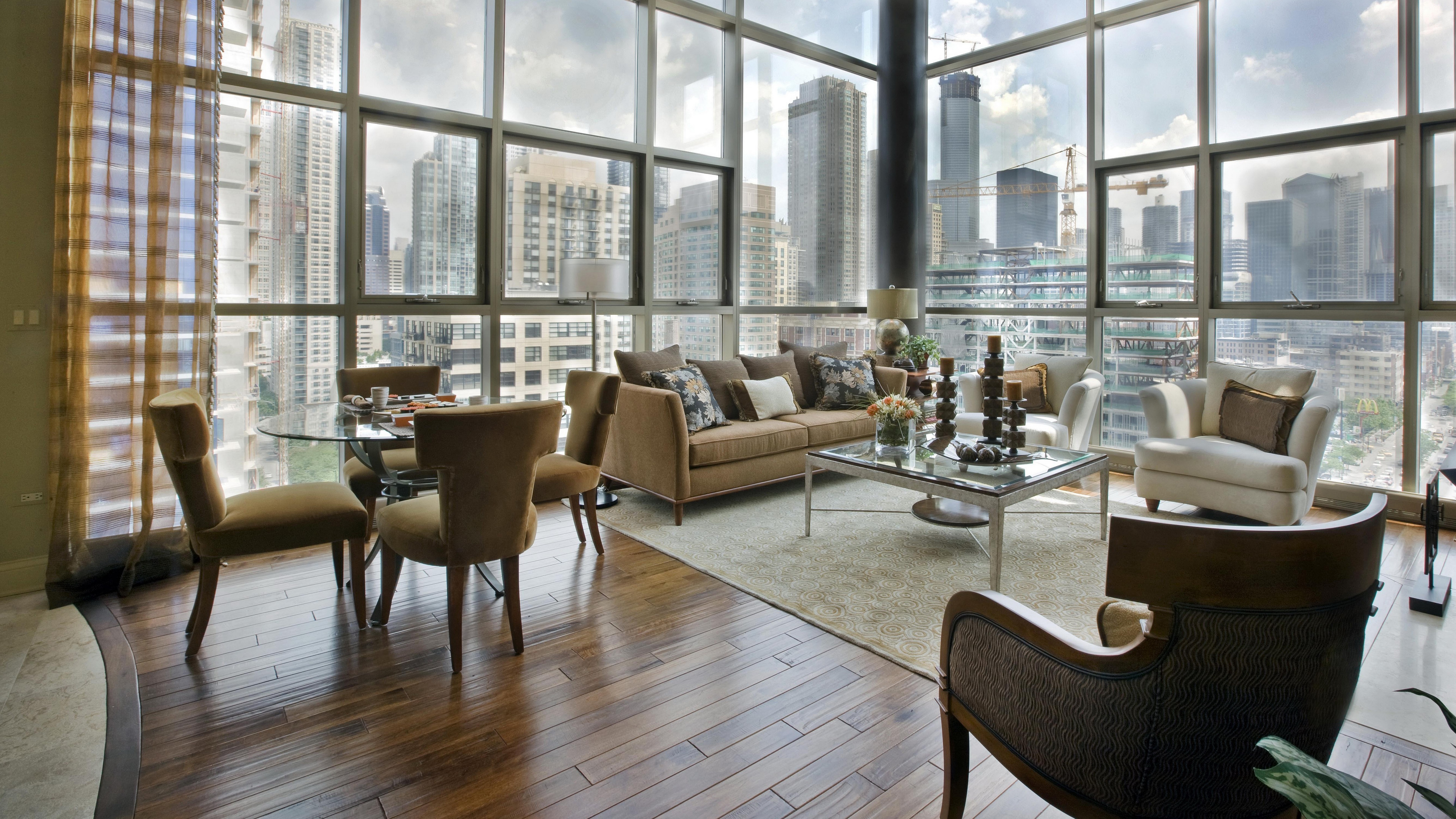 Modern living room with city view HD Wallpaper