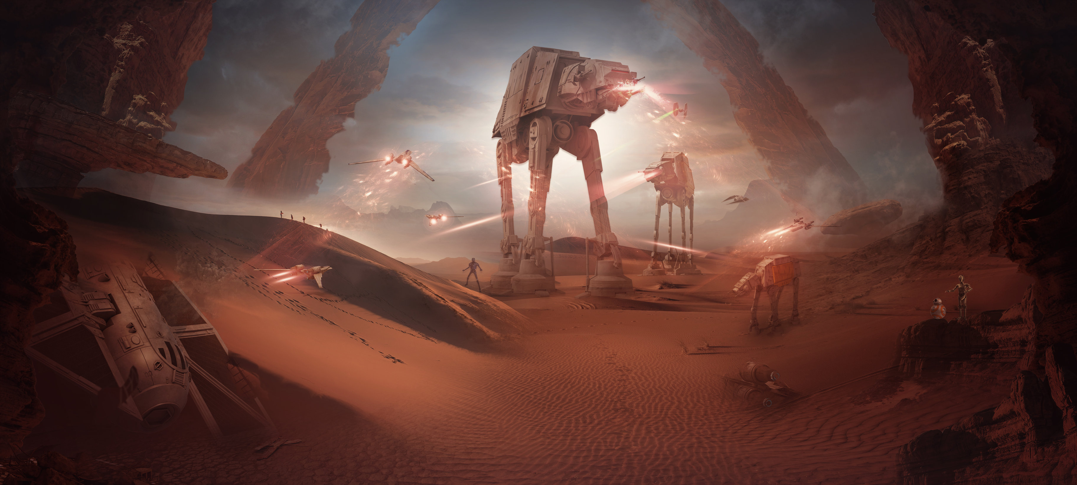 Star Wars AT-AT walkers battle on a desert planet HD Wallpaper