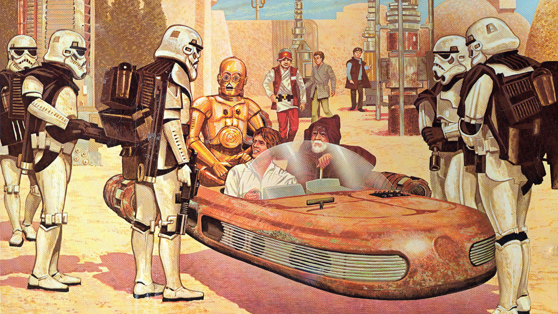 Star Wars Stormtroopers confront Luke Skywalker, Obi-Wan Kenobi, and C-3PO HD Wallpaper