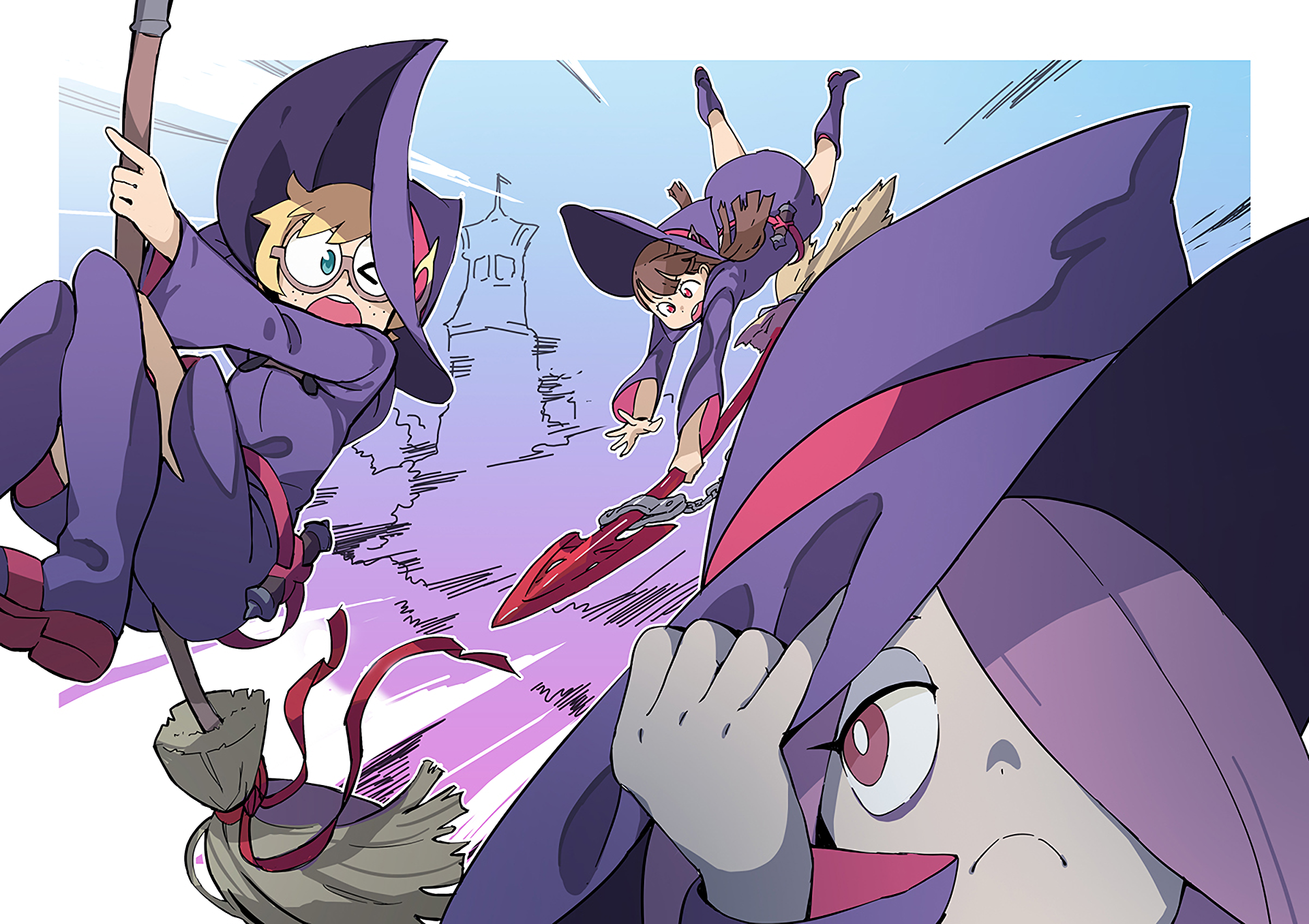 Little Witch Academia: Akko, Sucy, and Lotte on brooms HD Wallpaper
