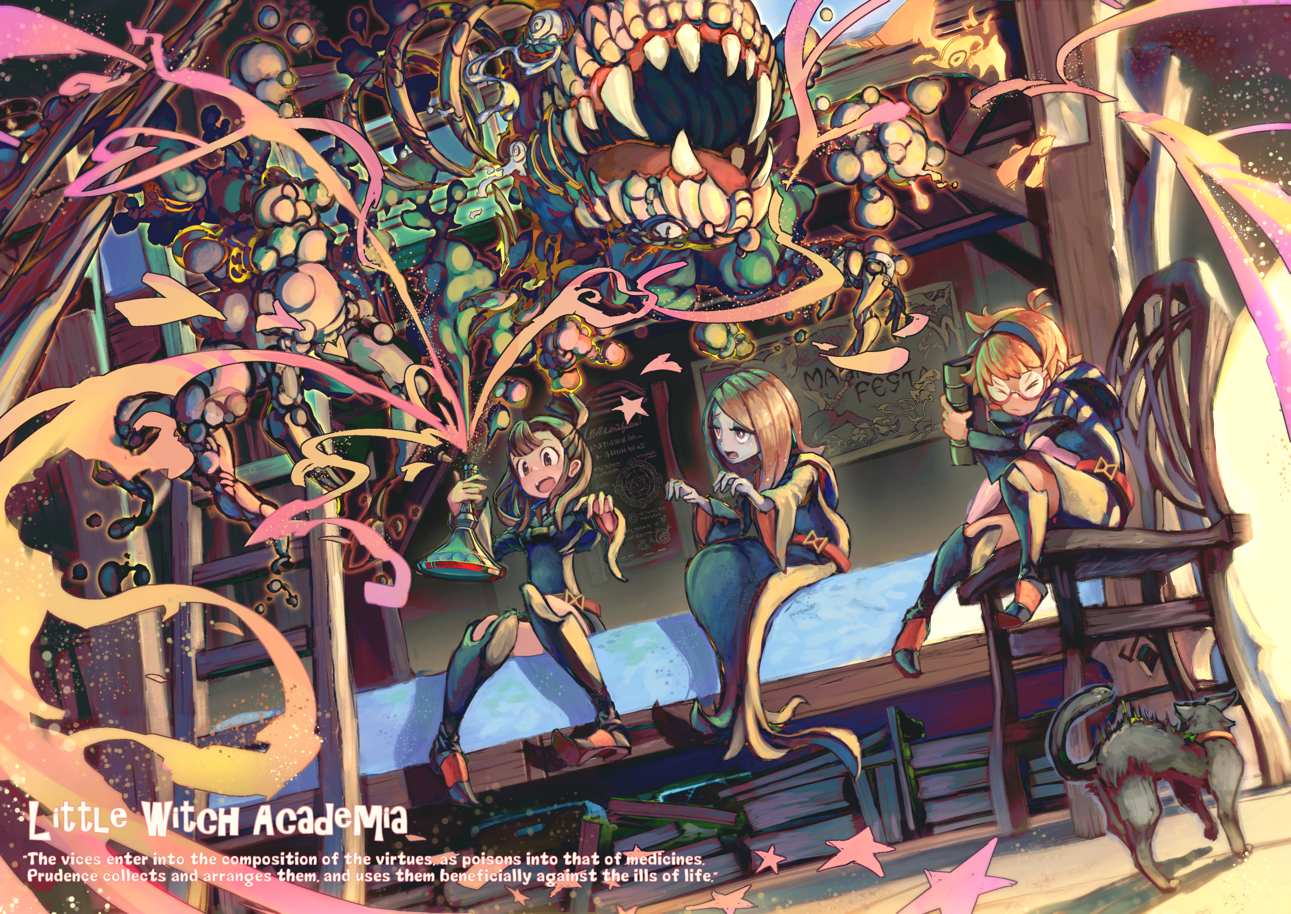 Little Witch Academia: Akko, Sucy, and Lotte in a chaotic scene HD Wallpaper