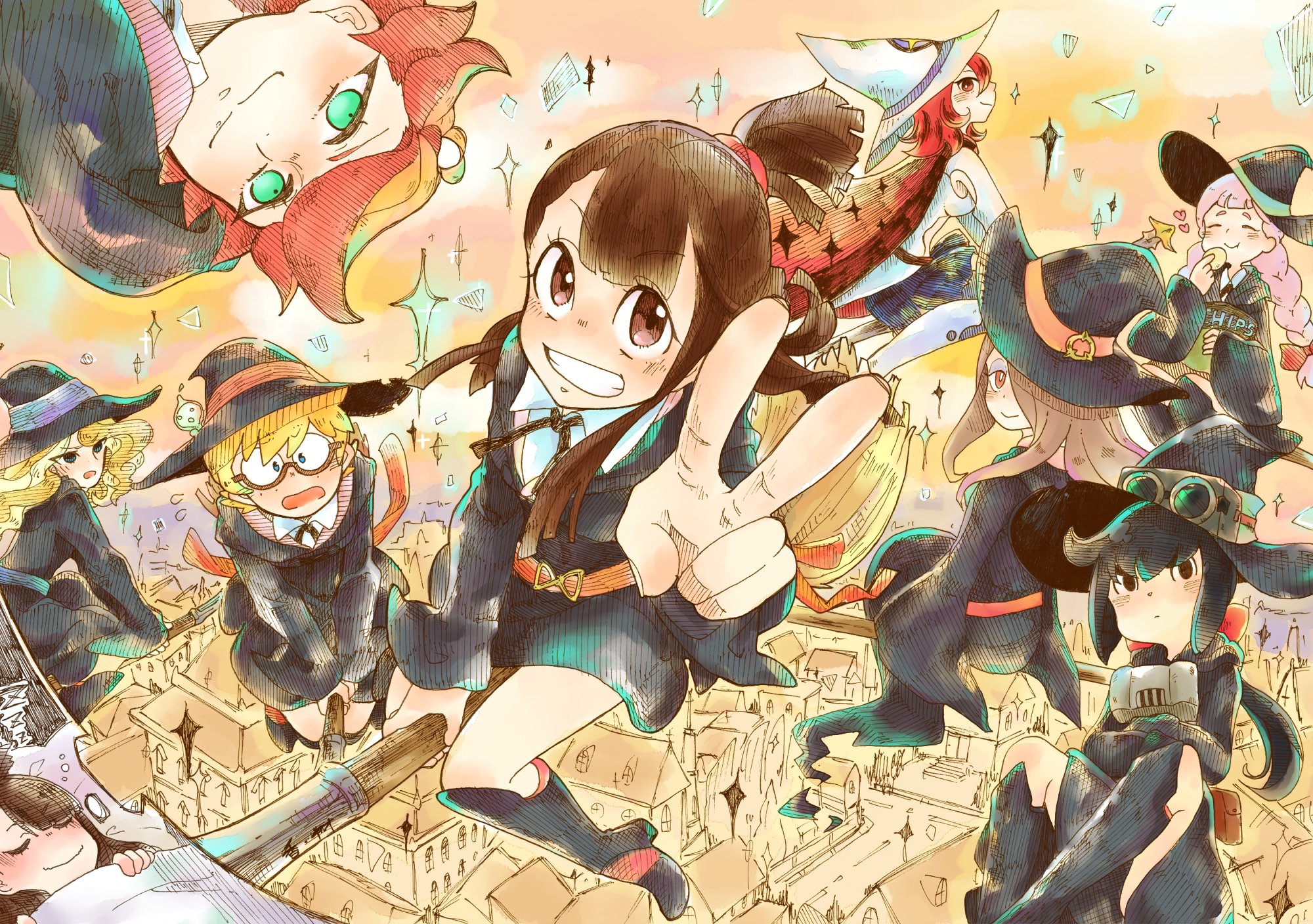 Little Witch Academia characters flying over a town HD Wallpaper