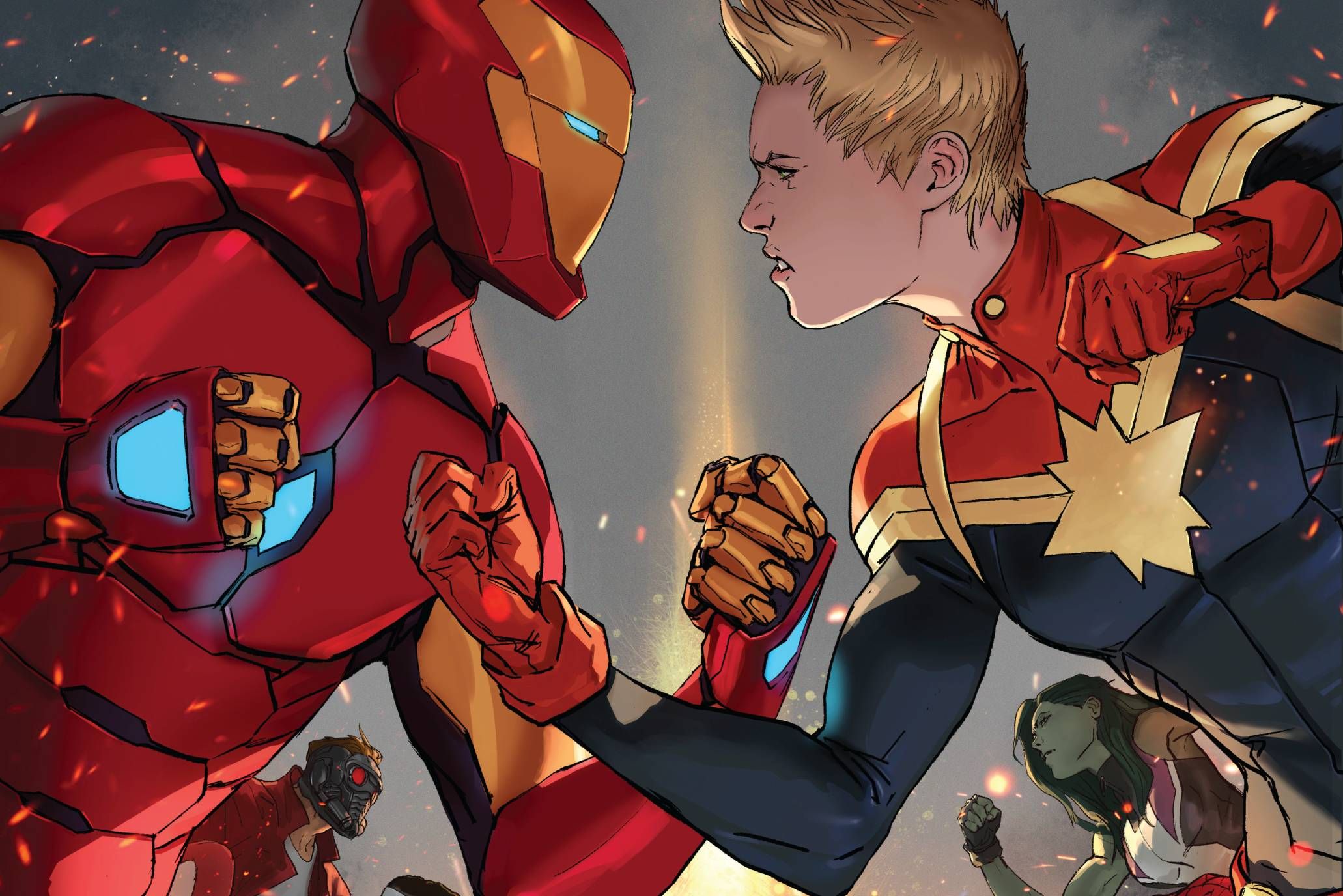 Iron Man and Captain Marvel face off, She-Hulk and Star-Lord in background HD Wallpaper