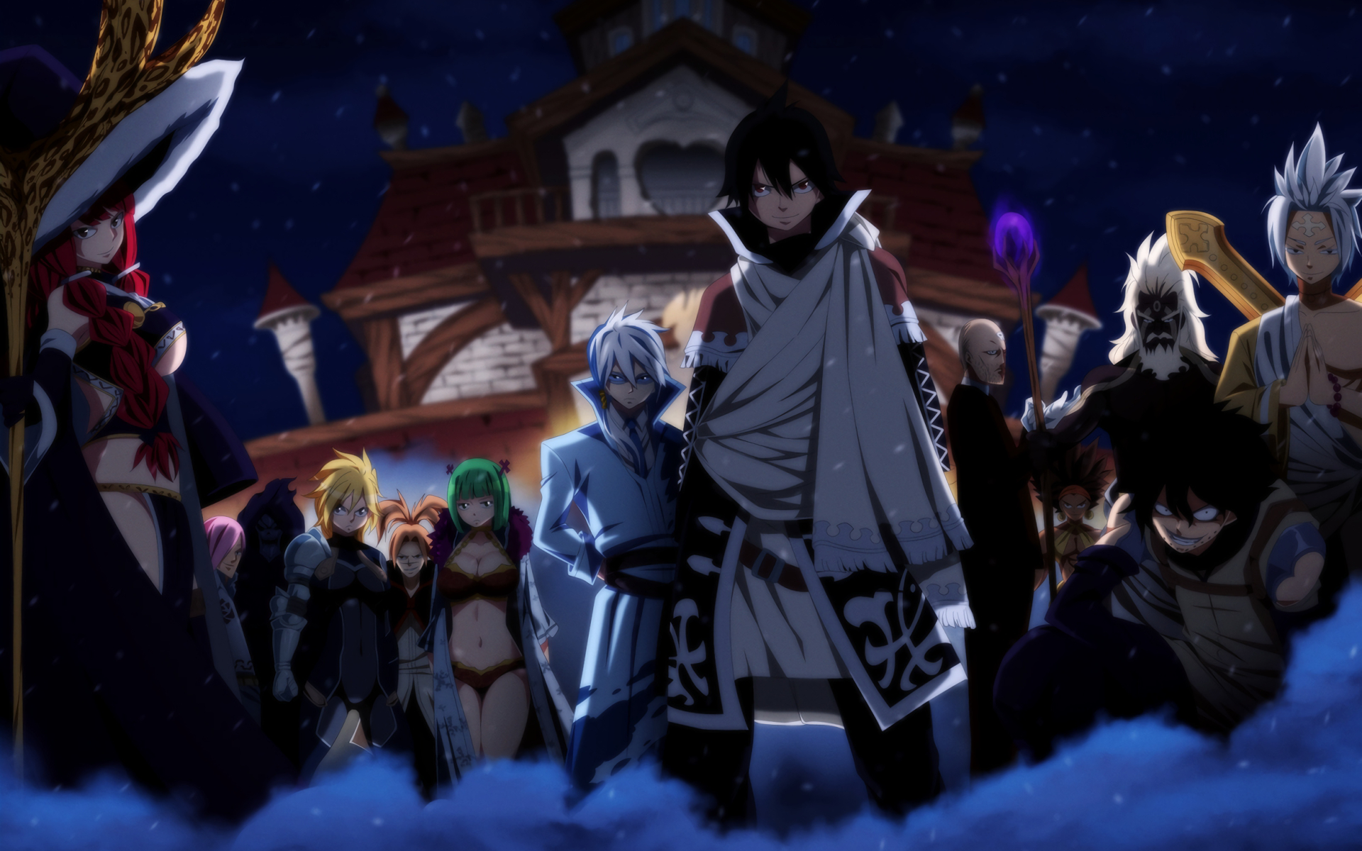 Fairy Tail characters in front of a building HD Wallpaper