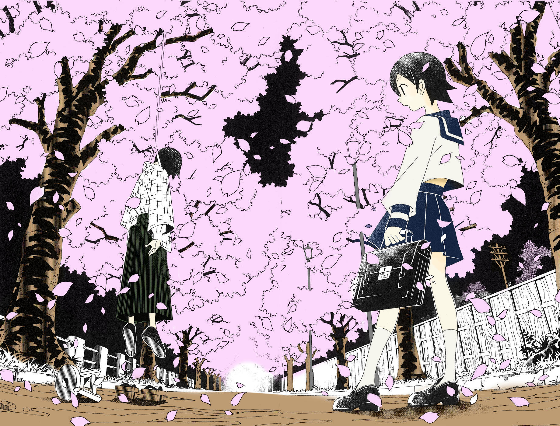 Girl in School Uniform and Hanging Figure Under Cherry Blossoms HD Wallpaper
