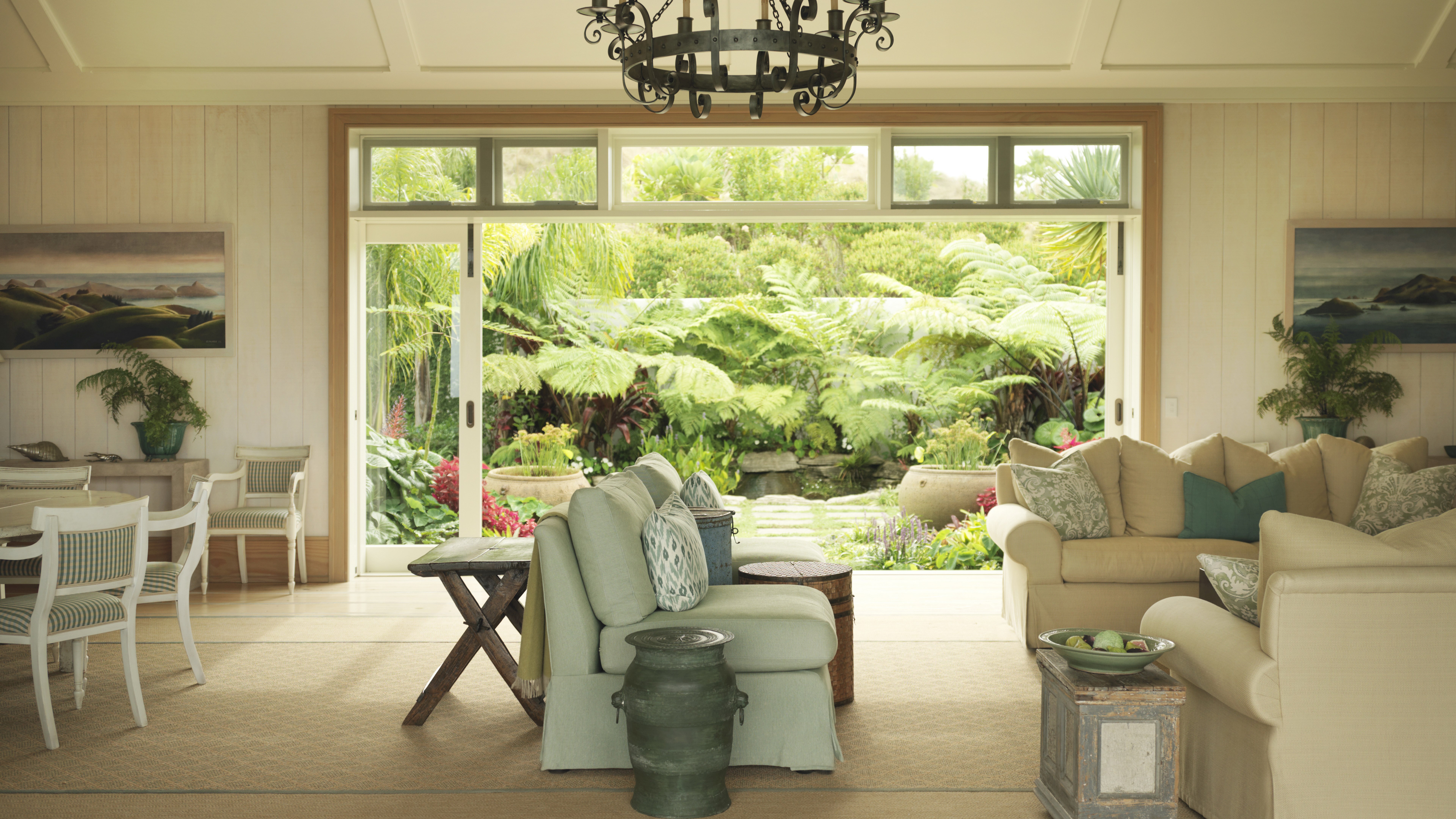 Living room with garden view and dining area HD Wallpaper