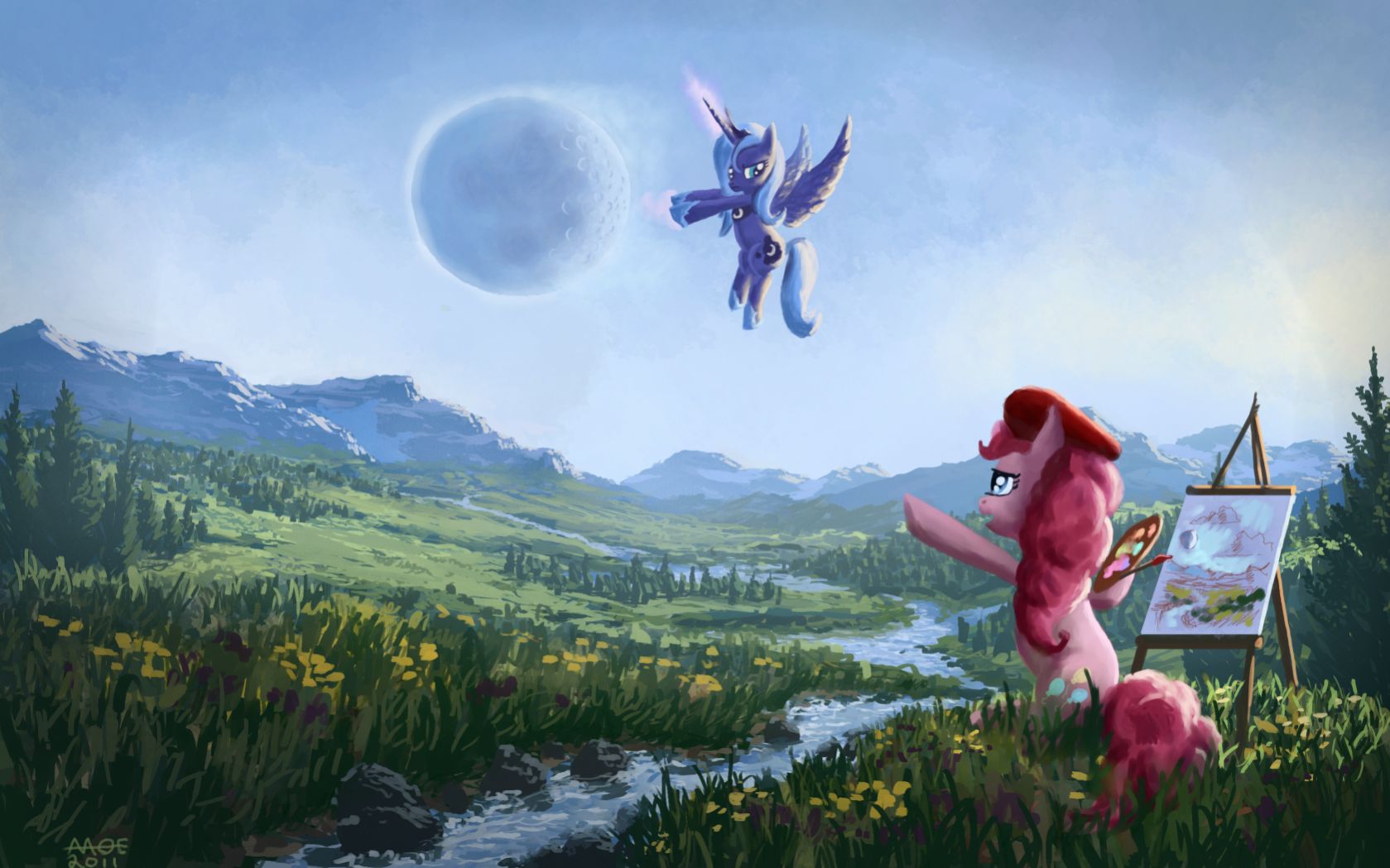 Princess Luna and Pinkie Pie painting a landscape HD Wallpaper
