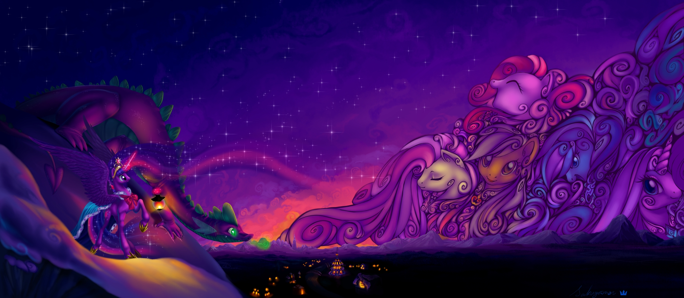 Princess Twilight Sparkle and Spike with sleeping ponies HD Wallpaper