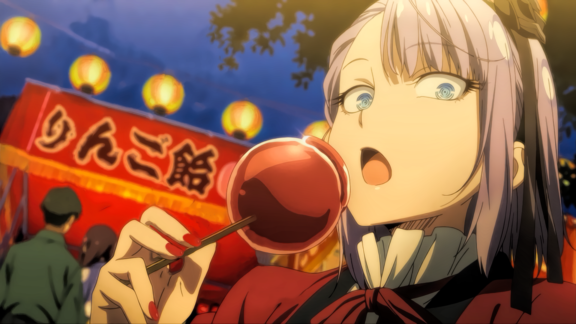 Shidare Hotaru eating candy apple at festival HD Wallpaper