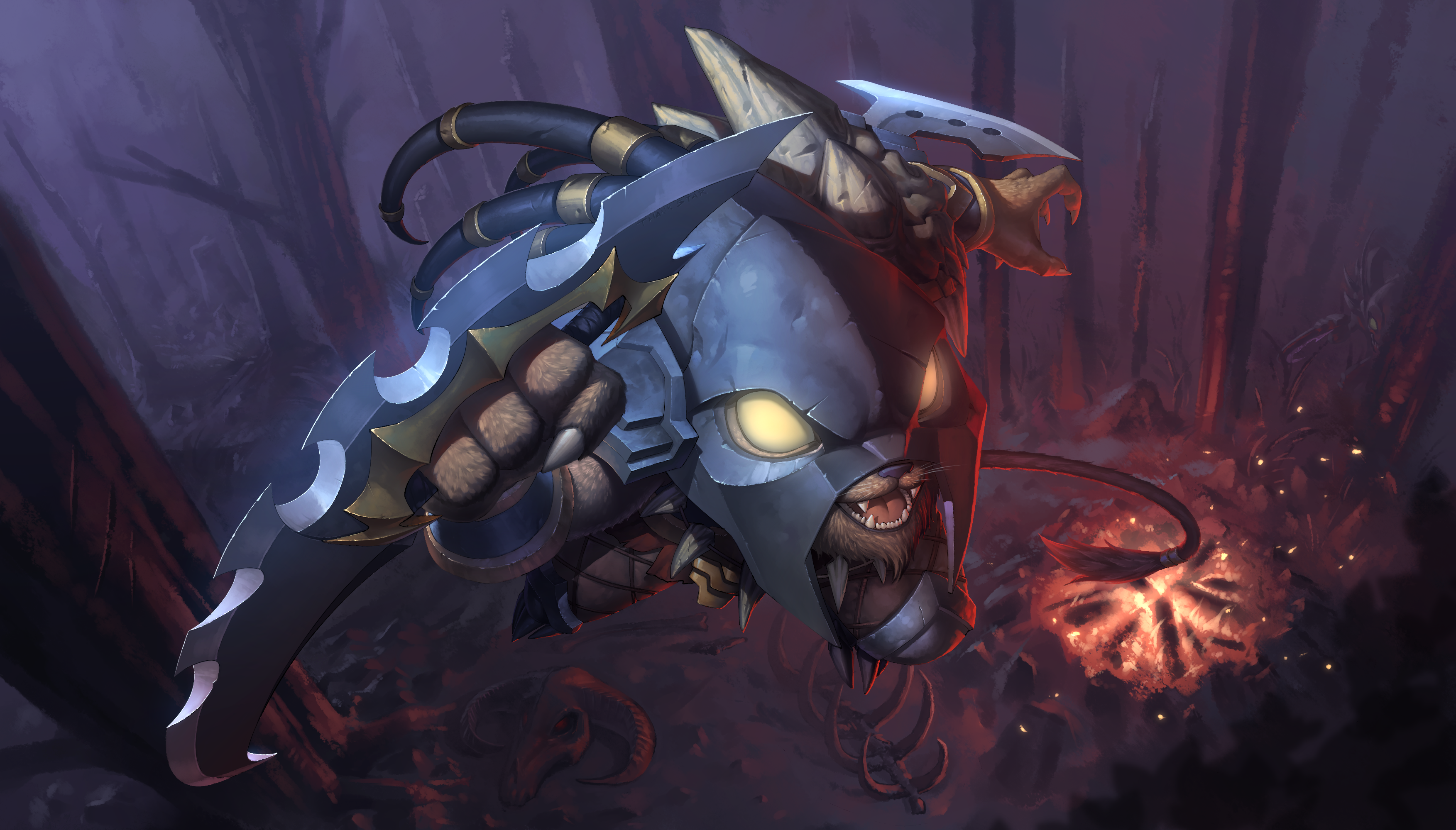 Rengar from League of Legends in a dark forest HD Wallpaper