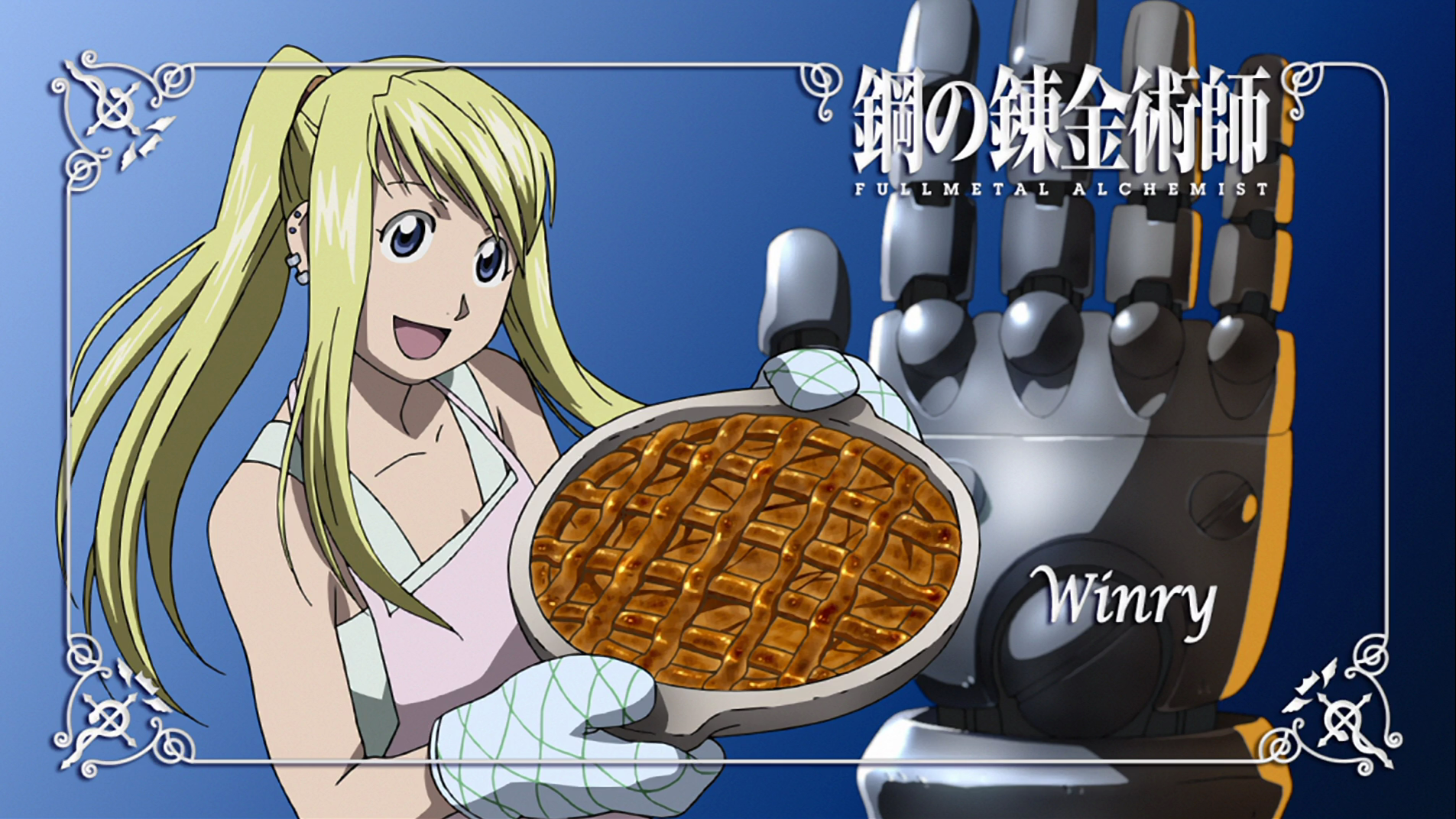 Winry Rockbell from Fullmetal Alchemist holding a pie HD Wallpaper