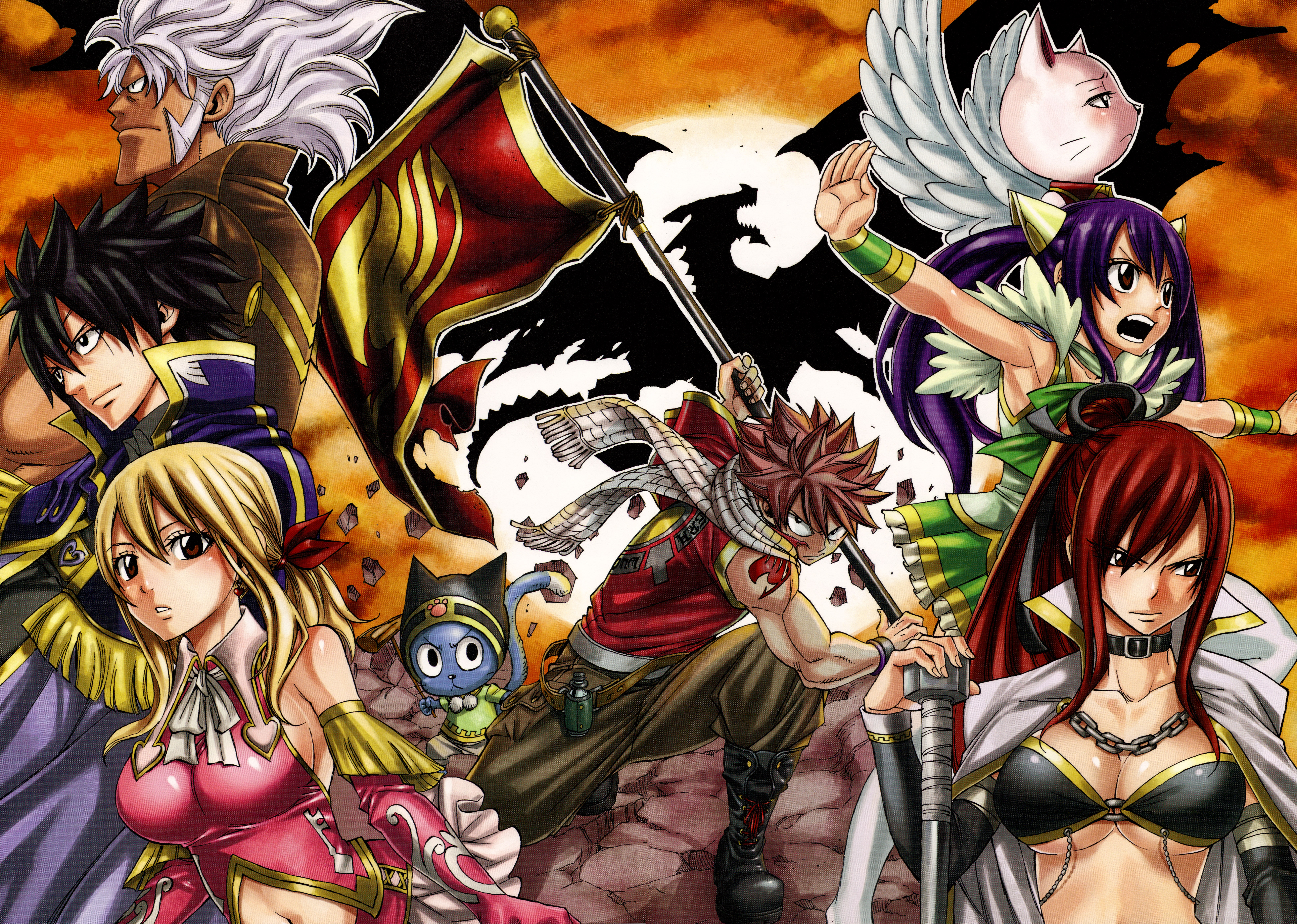 Fairy Tail characters with dragon silhouette HD Wallpaper