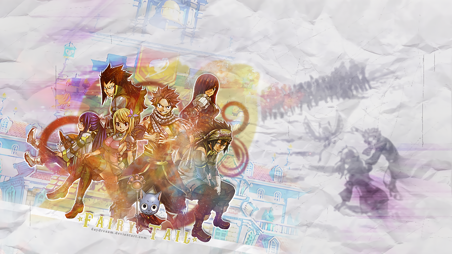 Fairy Tail characters with Happy and buildings HD Wallpaper