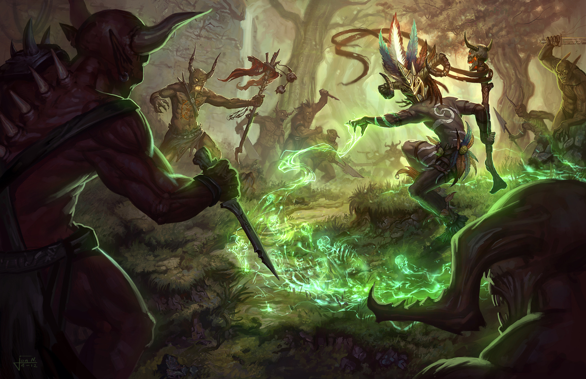 Witch Doctor from Diablo III in a forest battle HD Wallpaper
