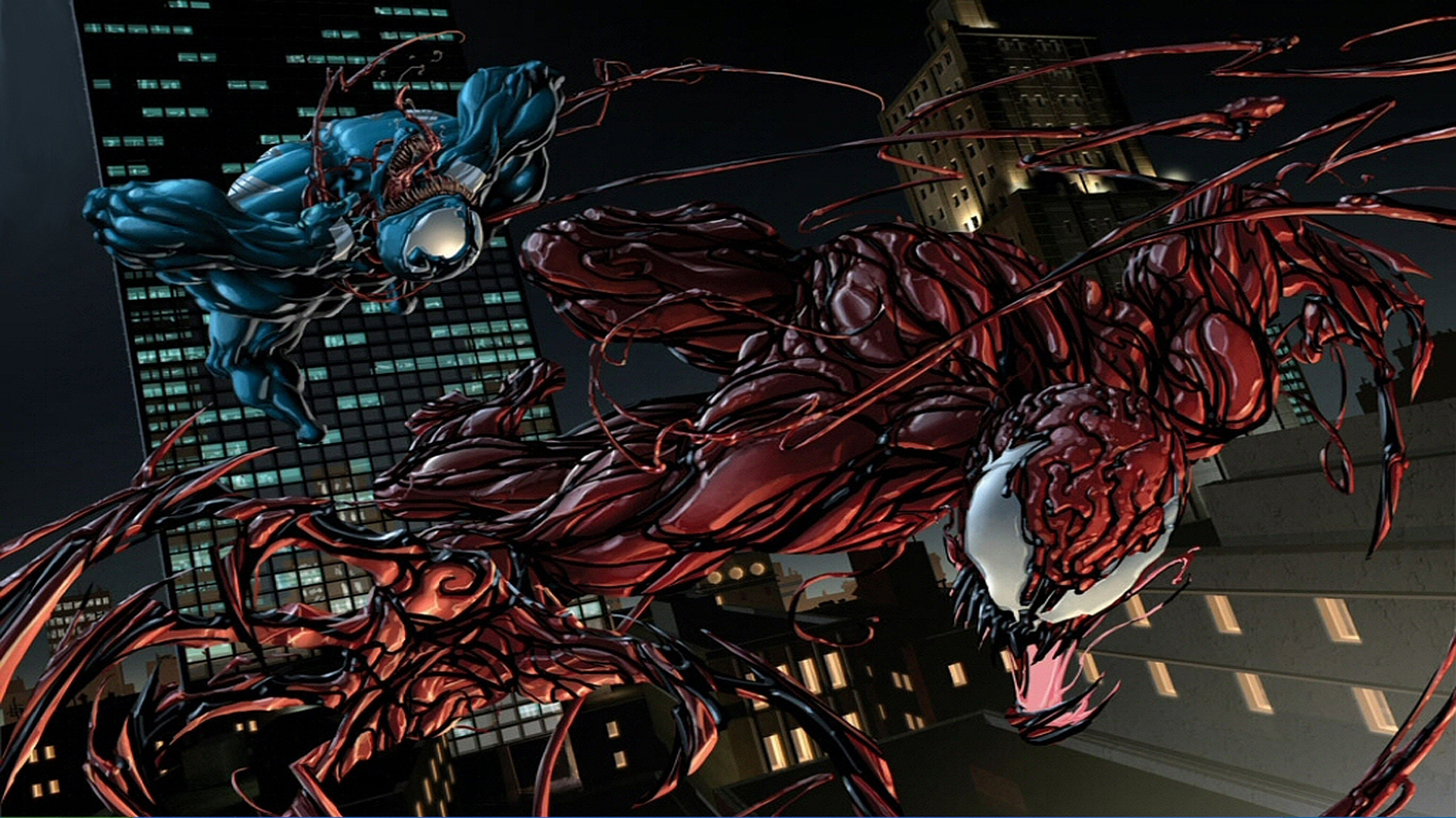 Venom and Carnage fighting in a city HD Wallpaper