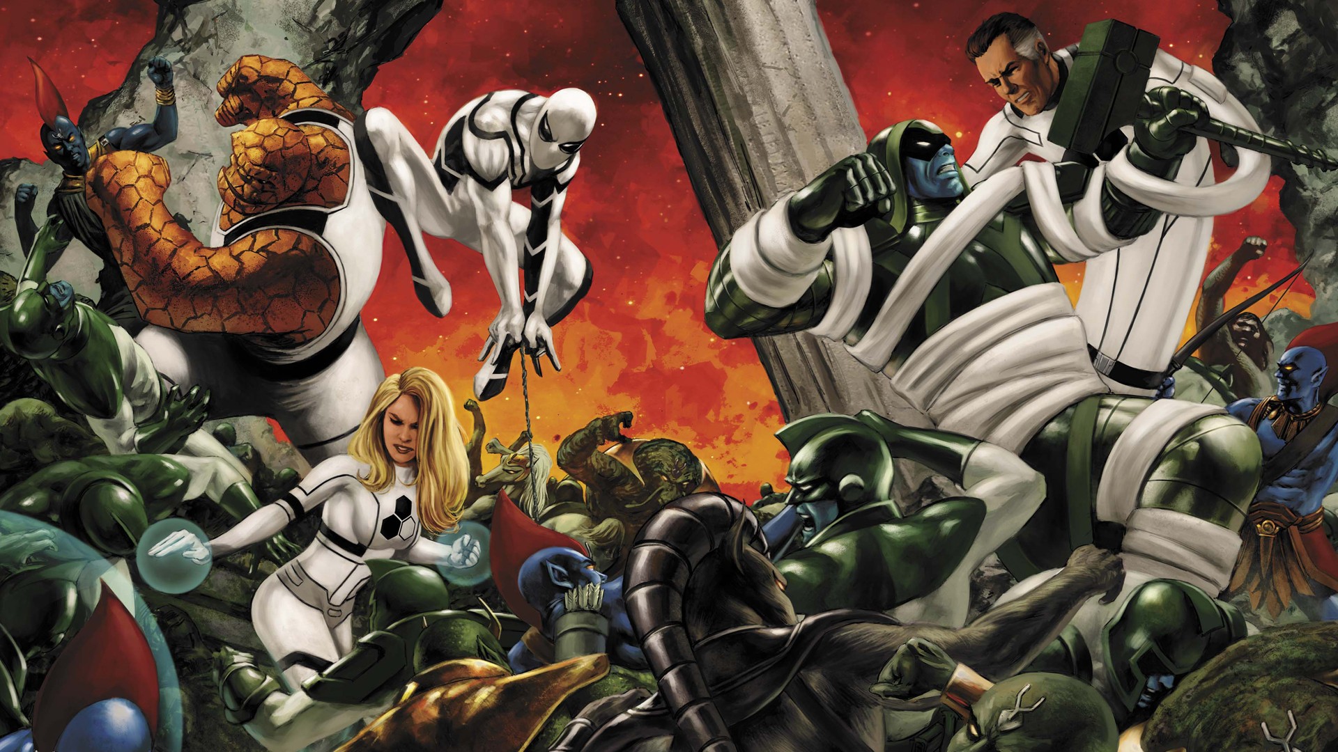 Fantastic Four and Spider-Man fighting Kree soldiers HD Wallpaper
