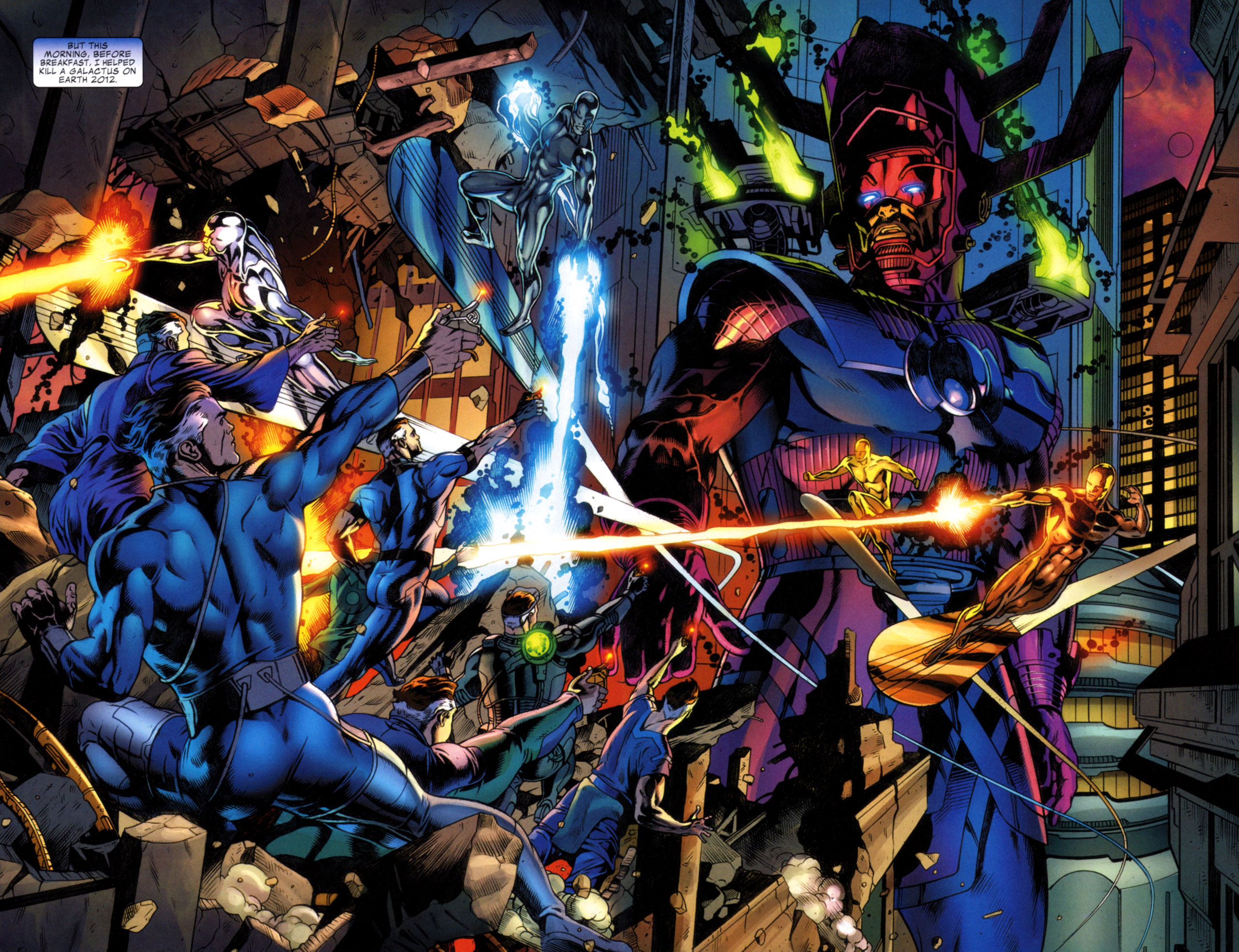 Galactus and Fantastic Four fighting in a city HD Wallpaper