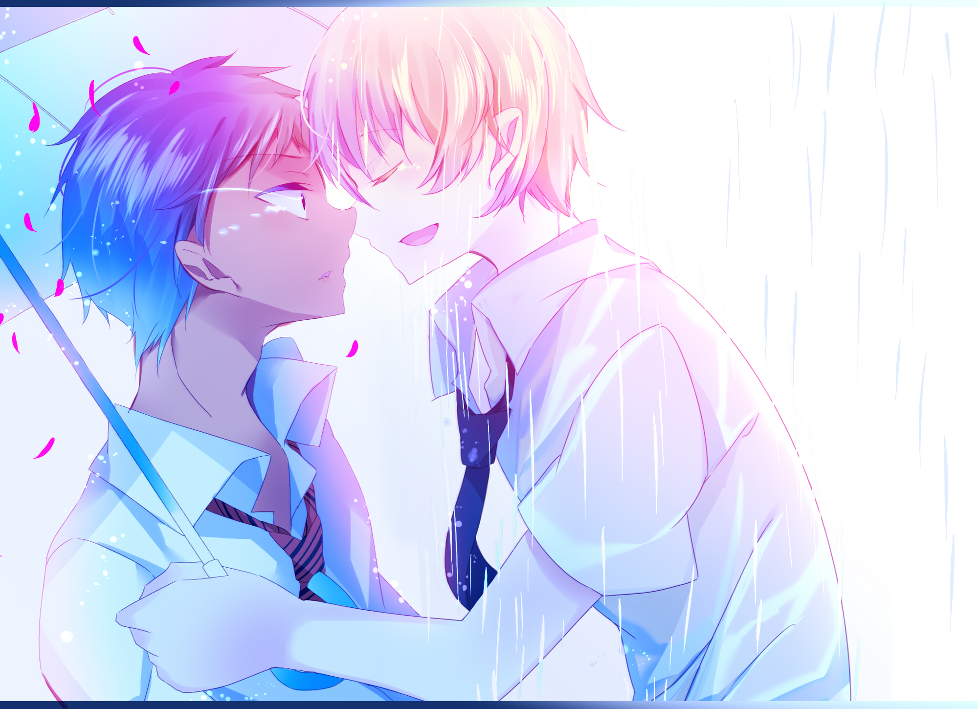 Two boys in school uniforms under an umbrella in the rain HD Wallpaper