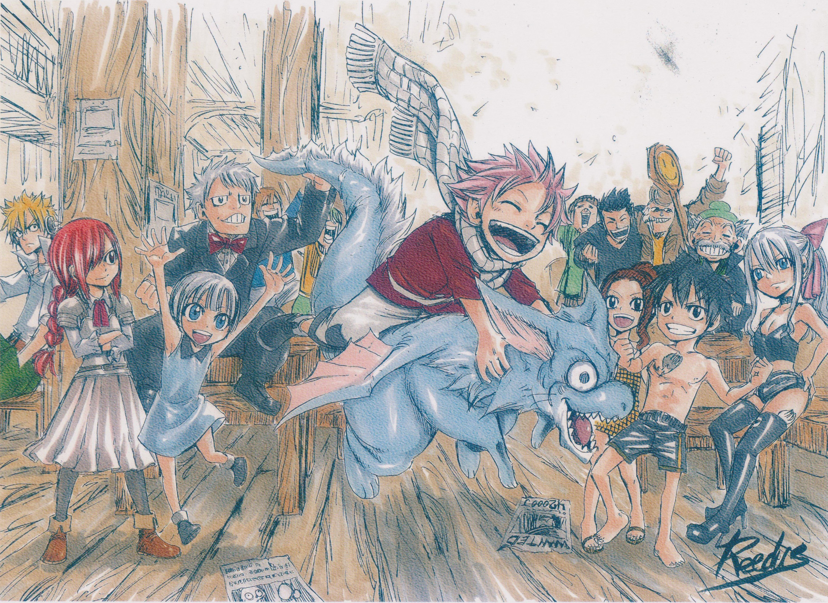 Fairy Tail characters celebrating in a guild hall HD Wallpaper