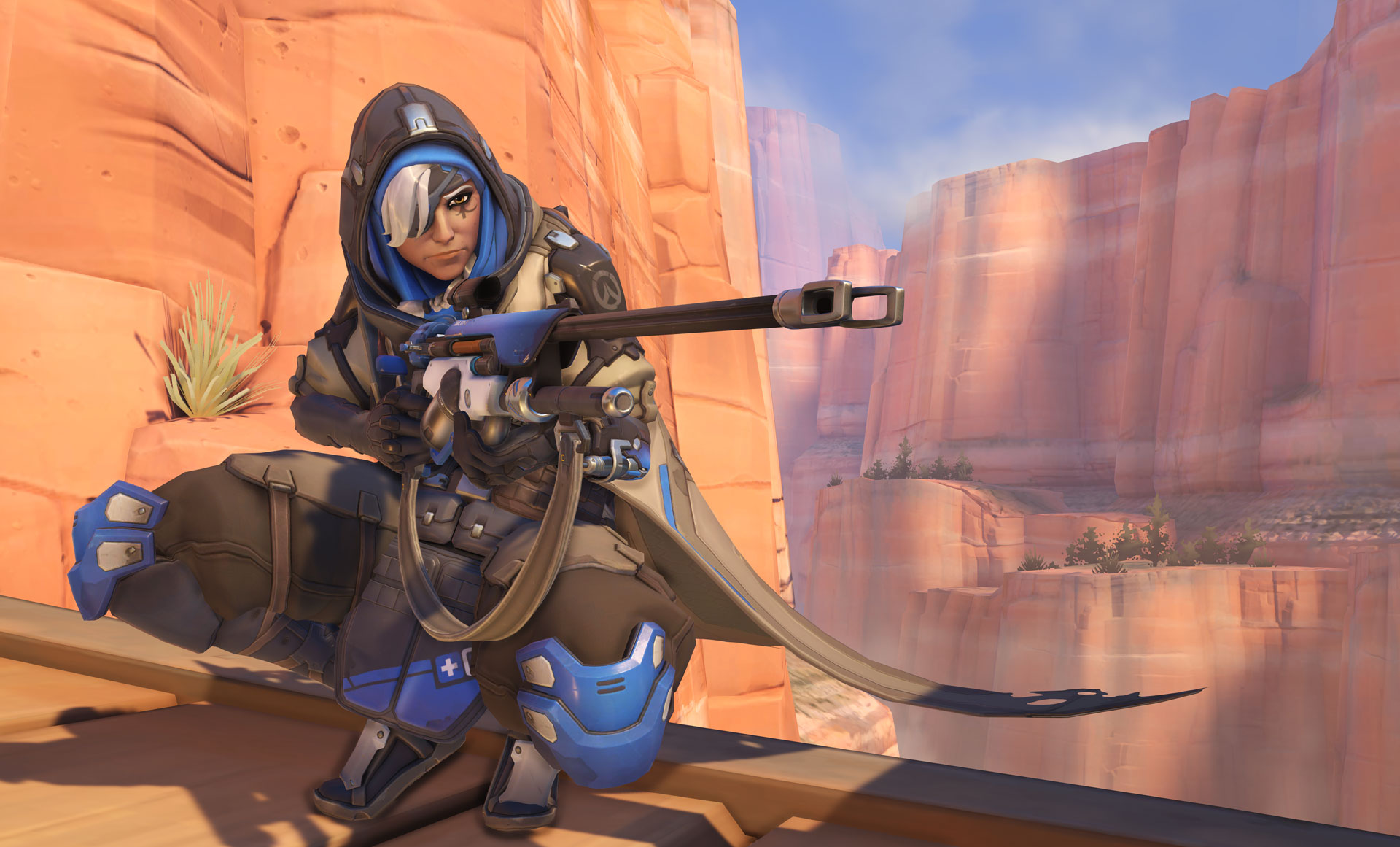 Ana from Overwatch crouching with a sniper rifle HD Wallpaper