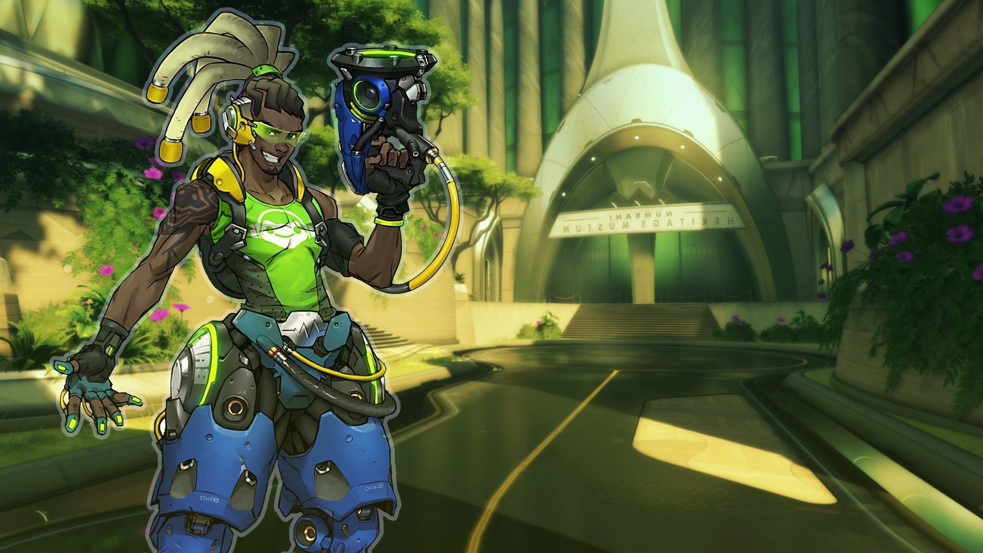 Lúcio from Overwatch in front of a building HD Wallpaper