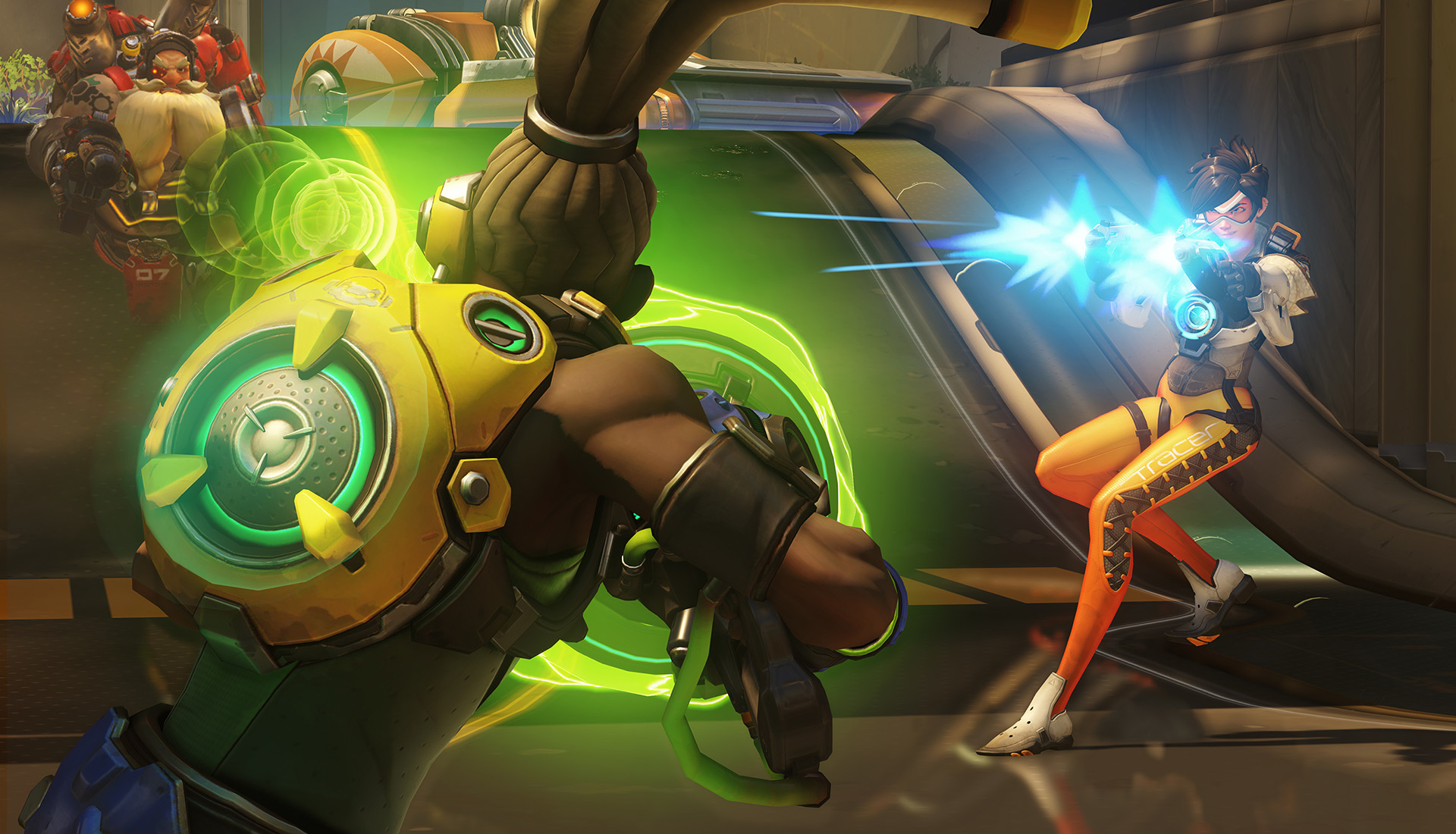 Lúcio and Tracer from Overwatch in combat HD Wallpaper