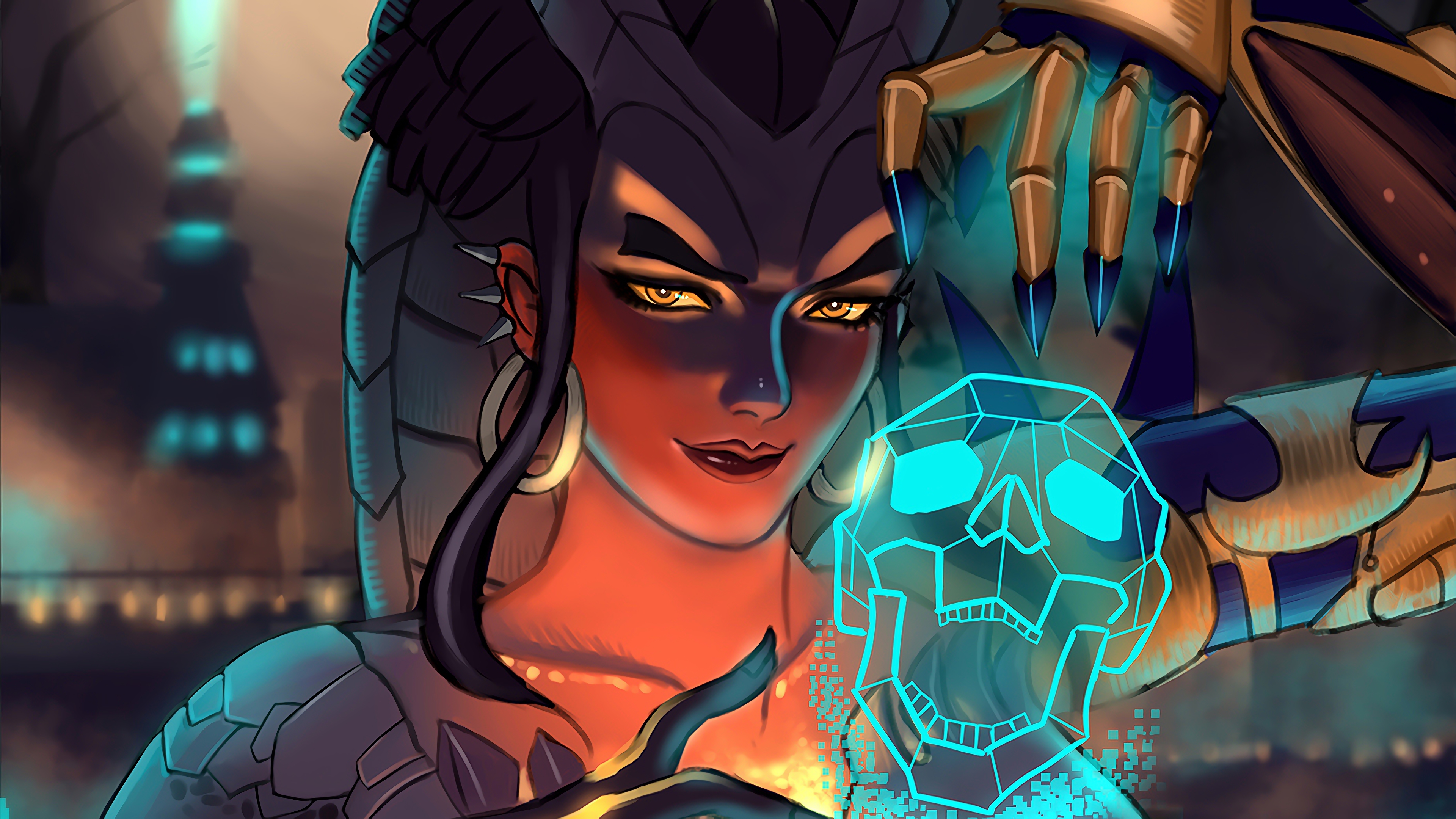 Symmetra from Overwatch with holographic skull HD Wallpaper