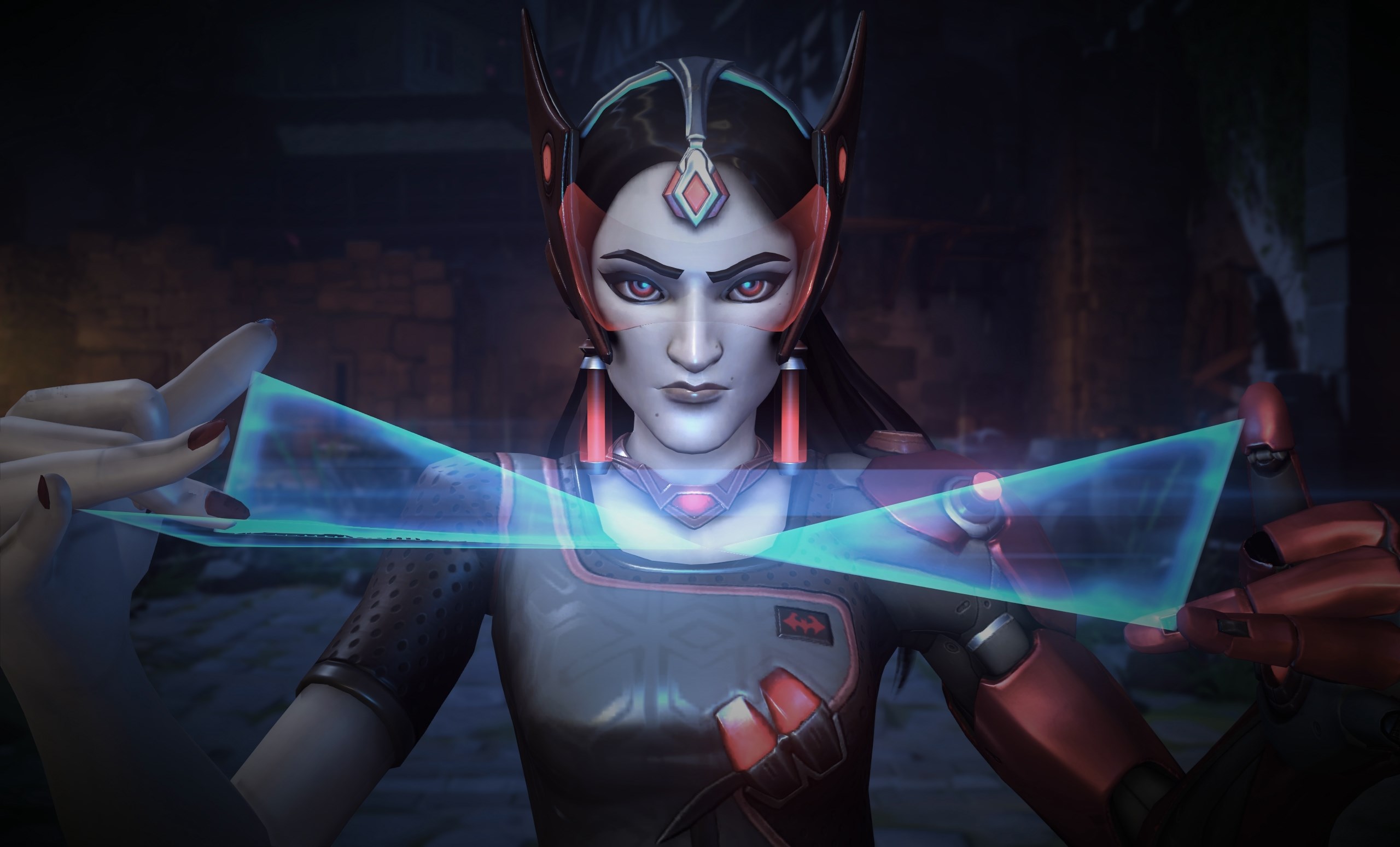 Symmetra from Overwatch interacting with a holographic interface HD Wallpaper