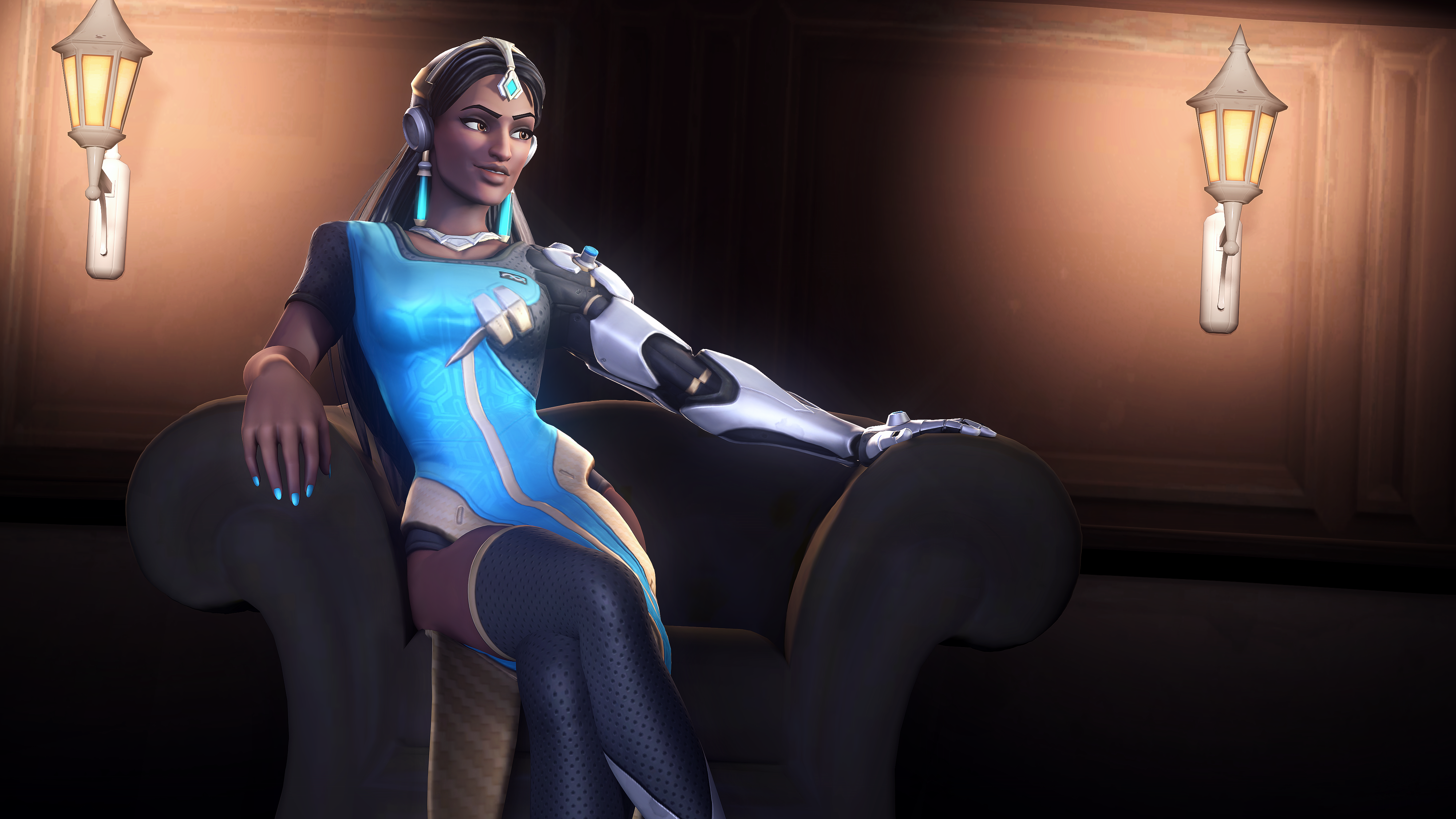 Symmetra from Overwatch sitting in a chair HD Wallpaper