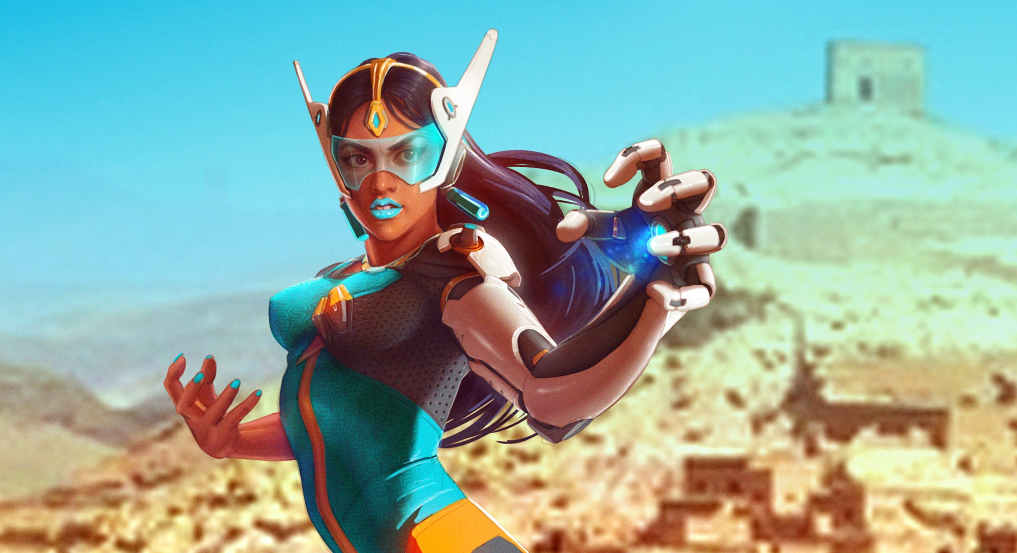 Symmetra from Overwatch in a desert landscape HD Wallpaper