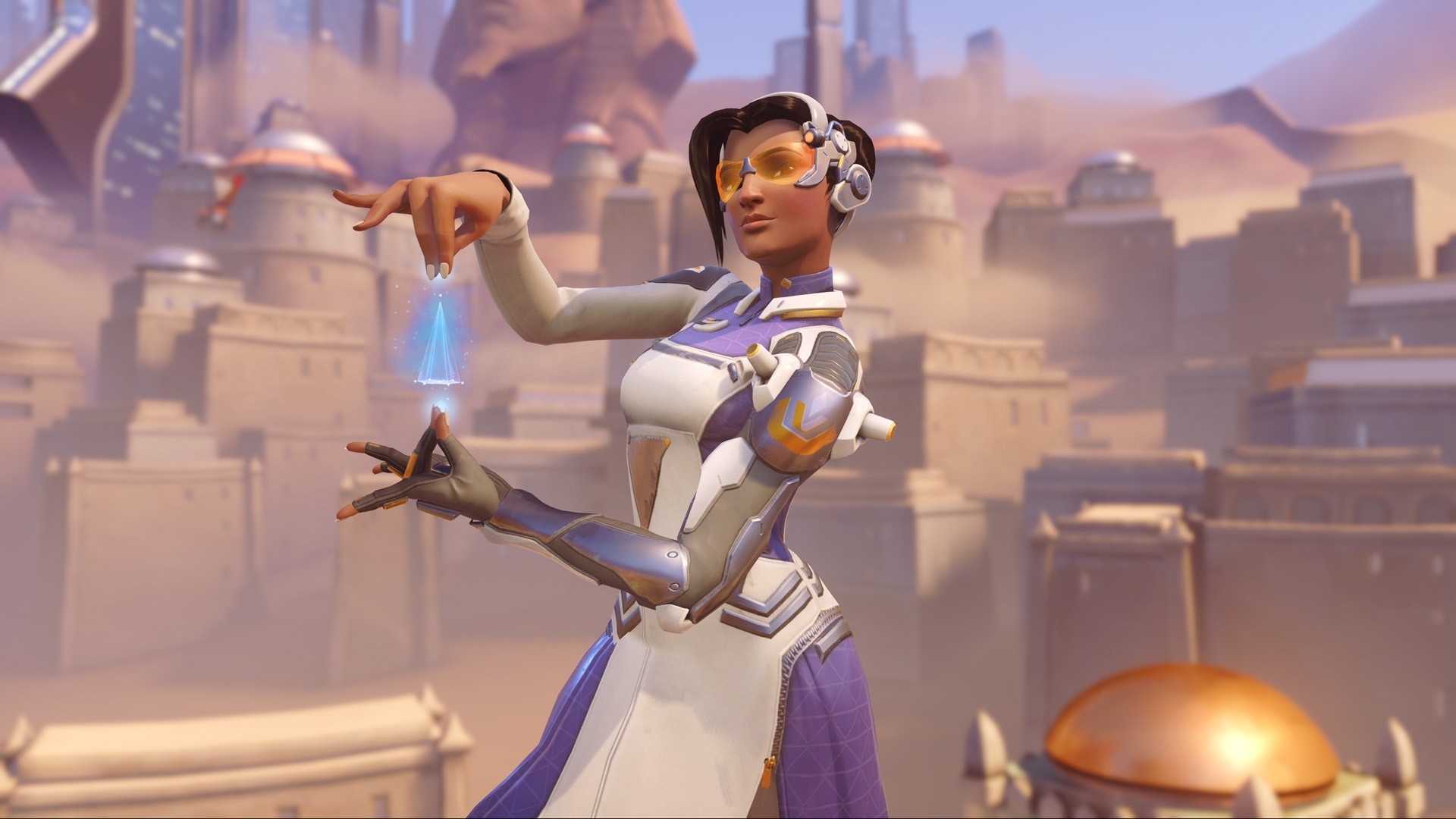 Symmetra from Overwatch in a desert city HD Wallpaper