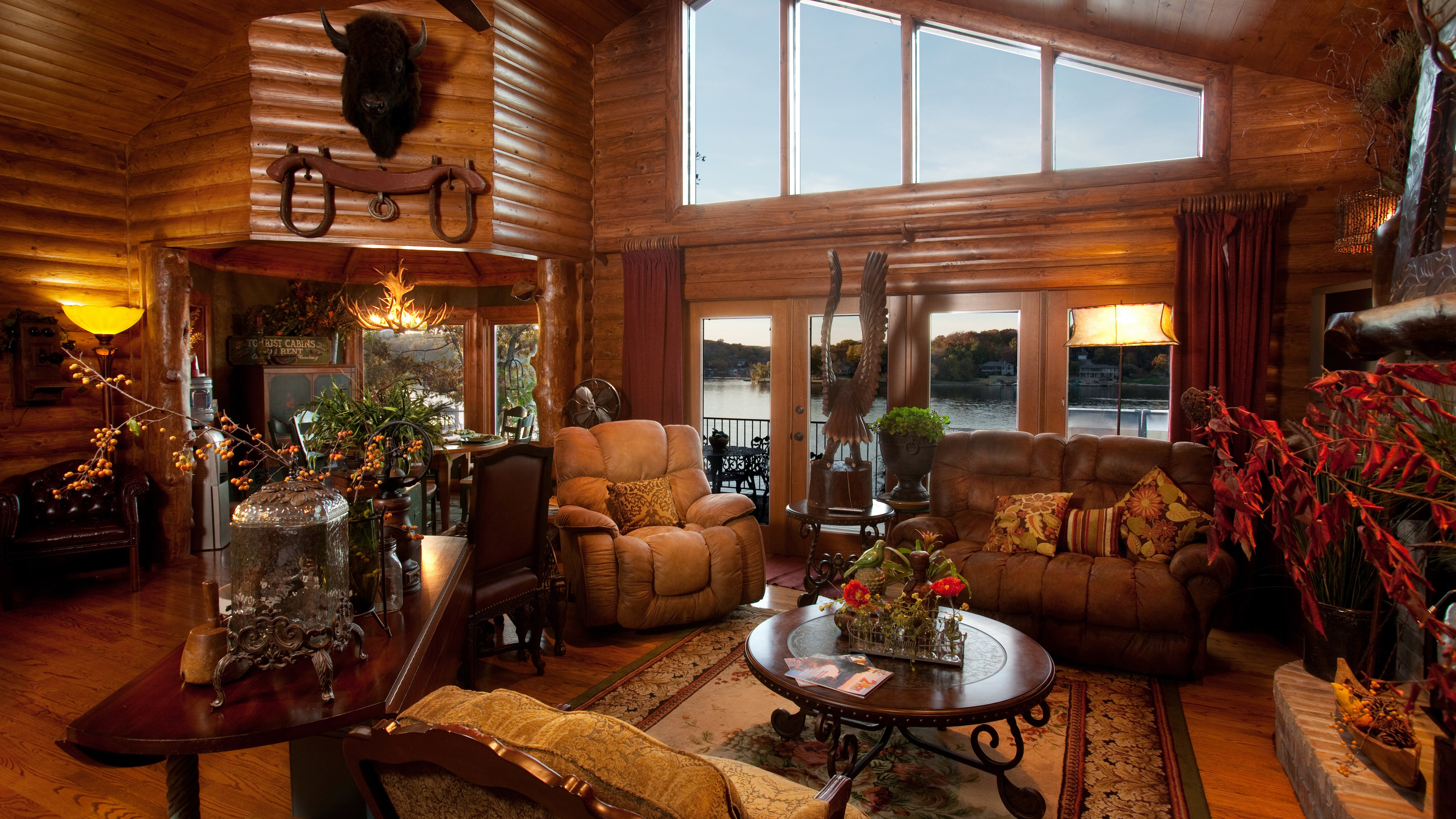 Log cabin living room with lake view HD Wallpaper