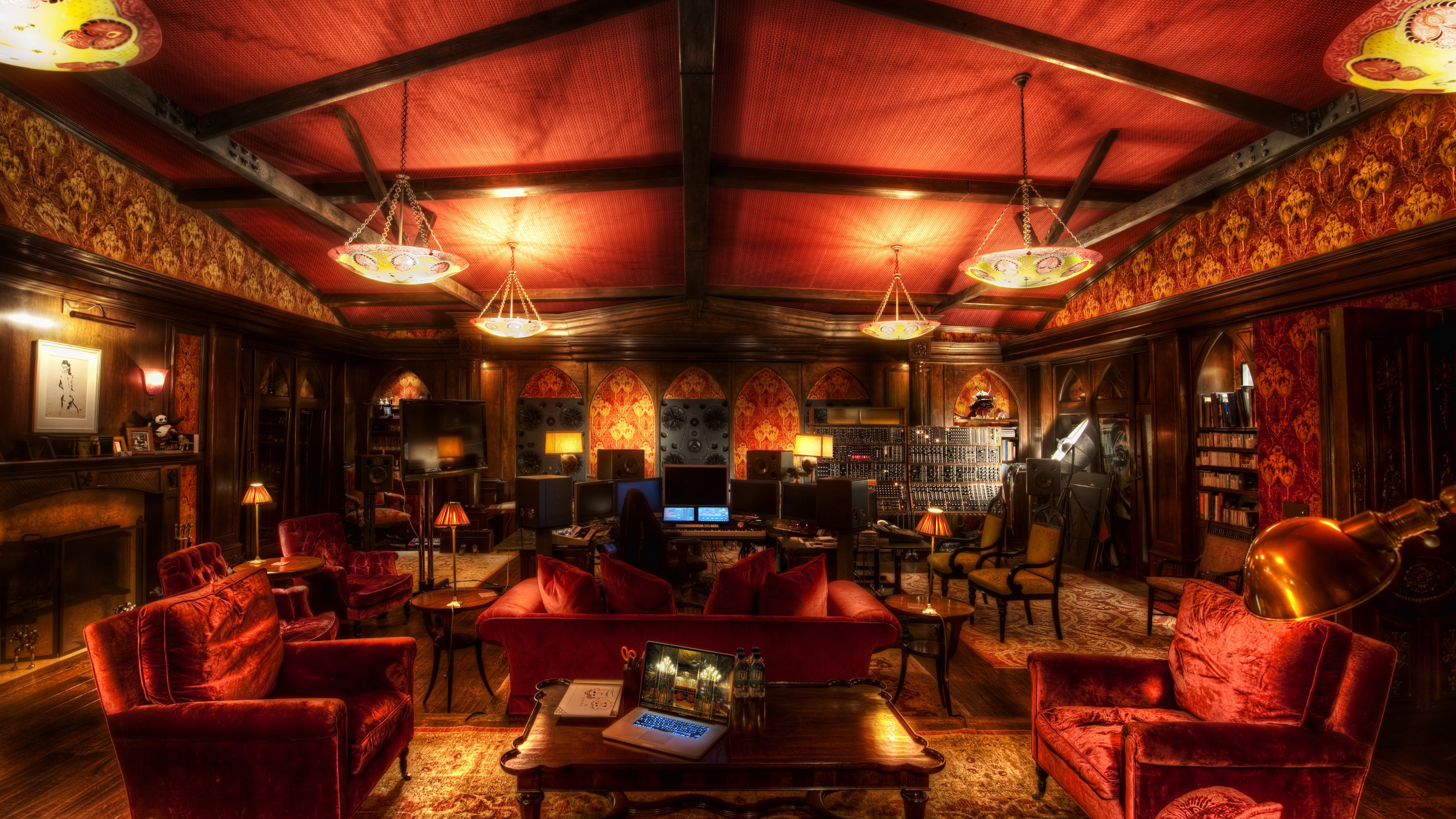 Luxurious red velvet lounge with recording studio equipment HD Wallpaper