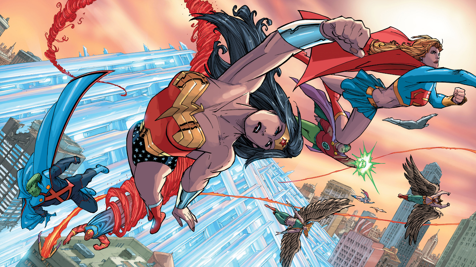 Justice League and Hawkman flying over a futuristic city HD Wallpaper