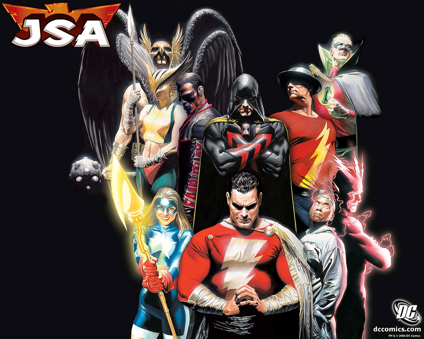JSA characters including Hawkman and Shazam HD Wallpaper