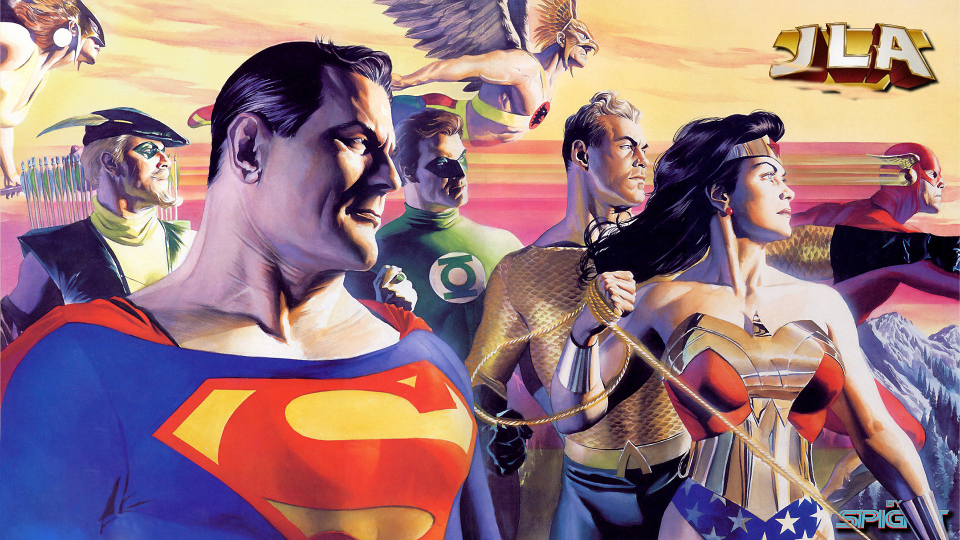 JLA Superman, Green Lantern, Aquaman, Wonder Woman, Flash, Hawkman, Green Arrow HD Wallpaper