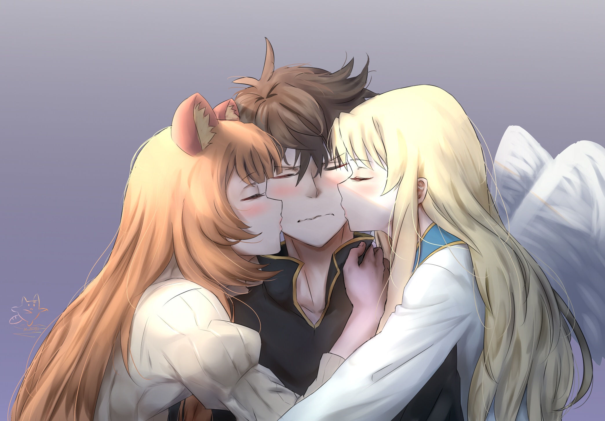 Raphtalia and Filo kiss Naofumi from The Rising of the Shield Hero HD Wallpaper